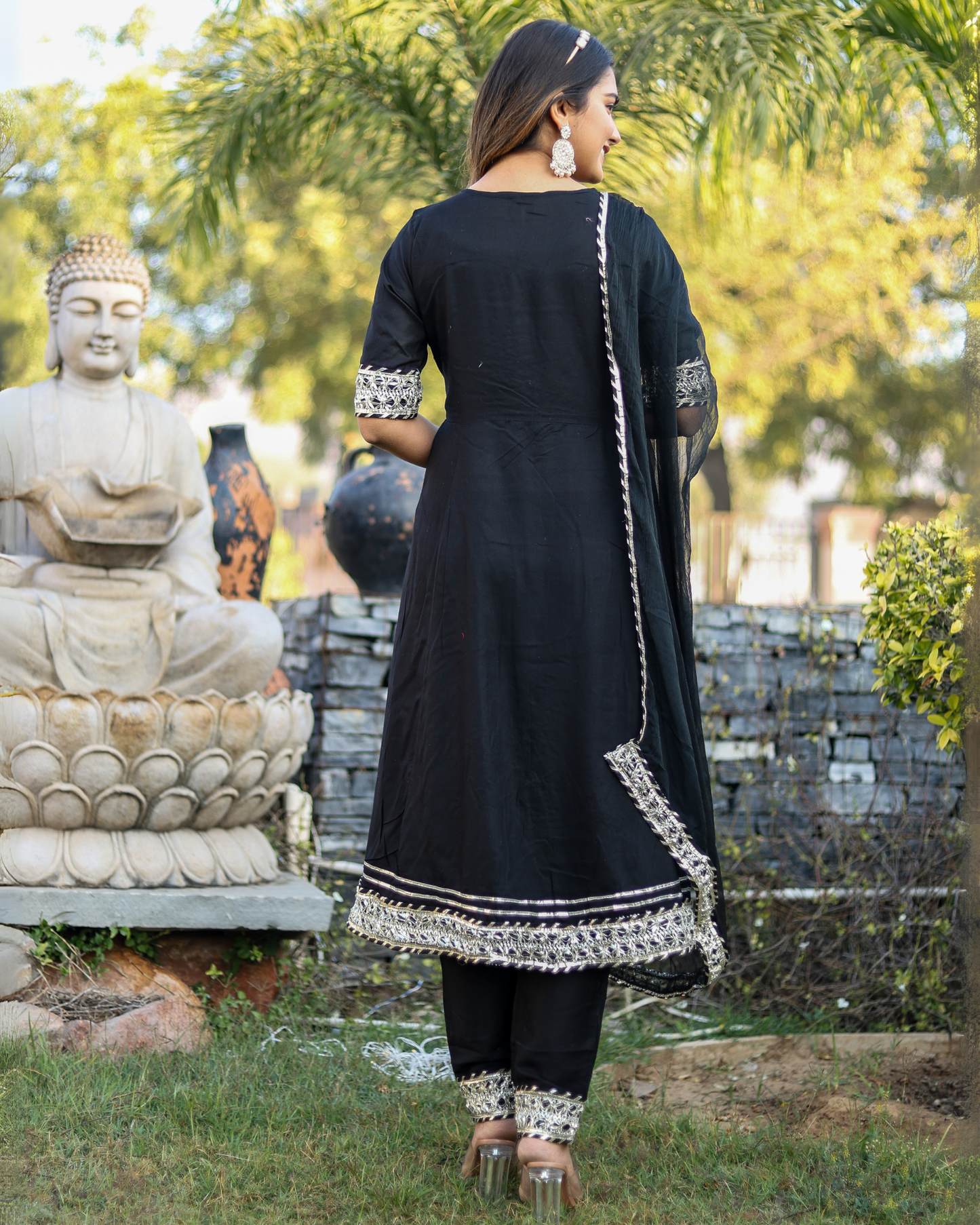 Black Makdi Rayon Anarkali Kurti Set with Lace Work, Pant & Dupatta