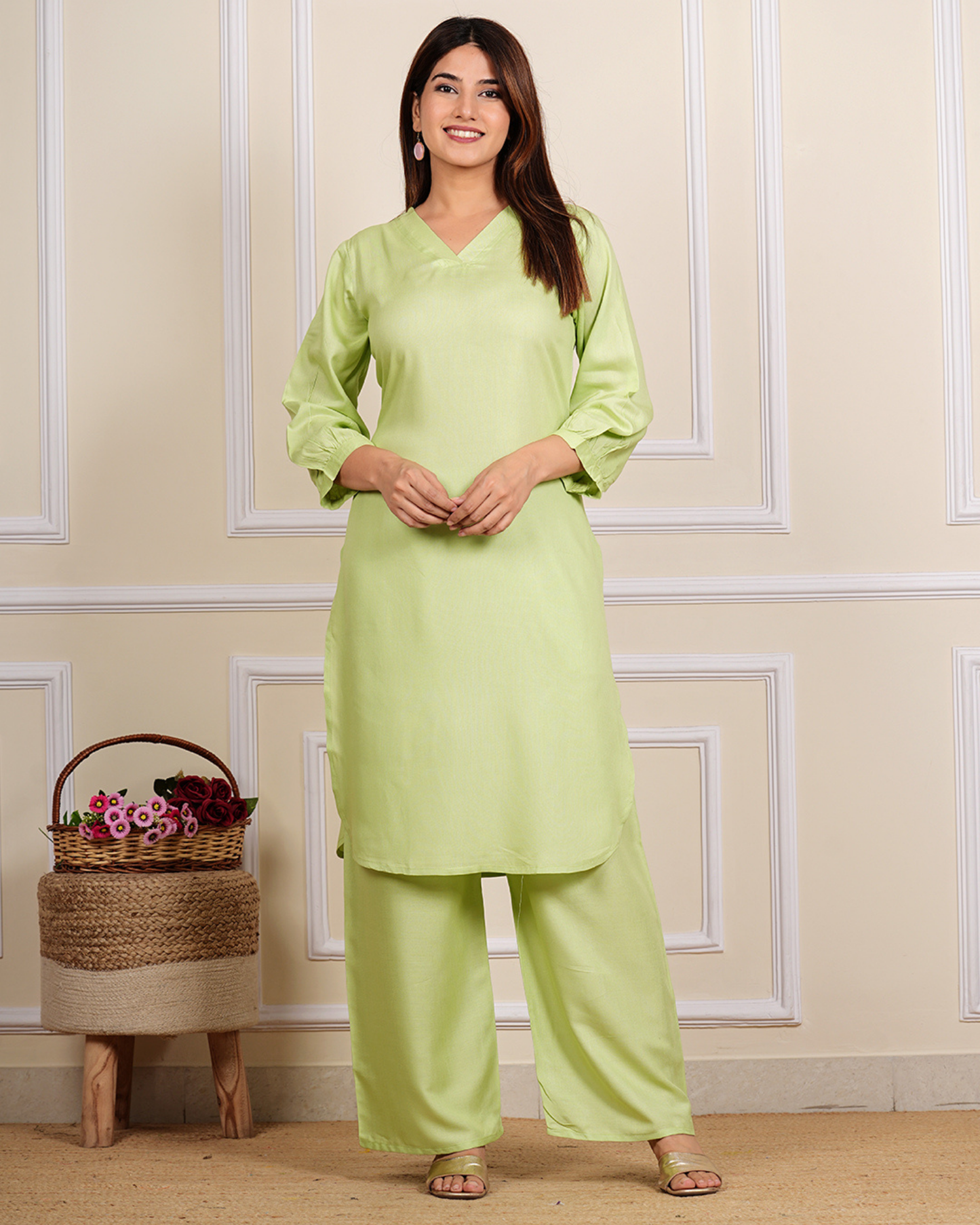 Pista Solid Rayon Calf-Length Kurti with Plazo Set
