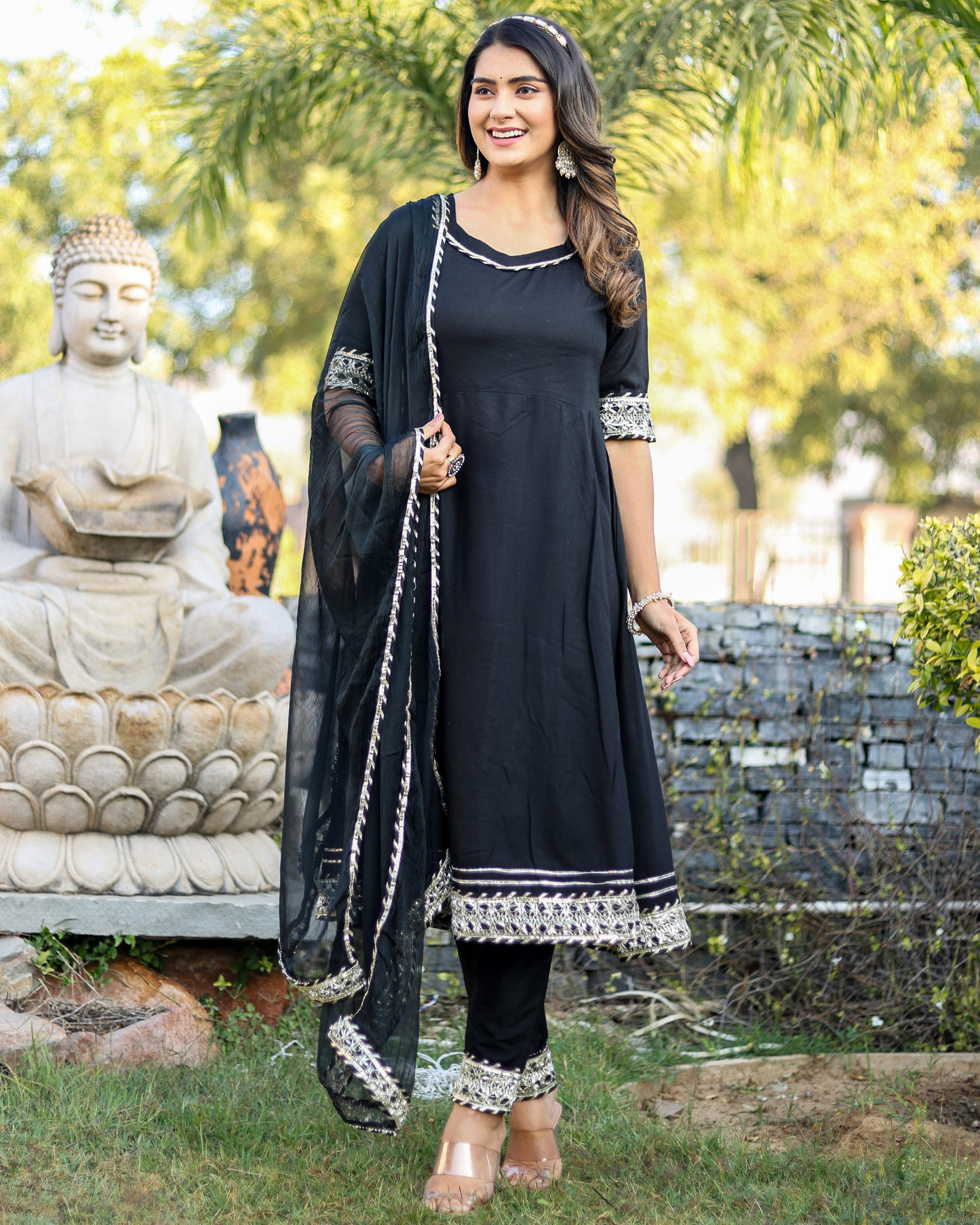Black Makdi Rayon Anarkali Kurti Set with Lace Work, Pant & Dupatta