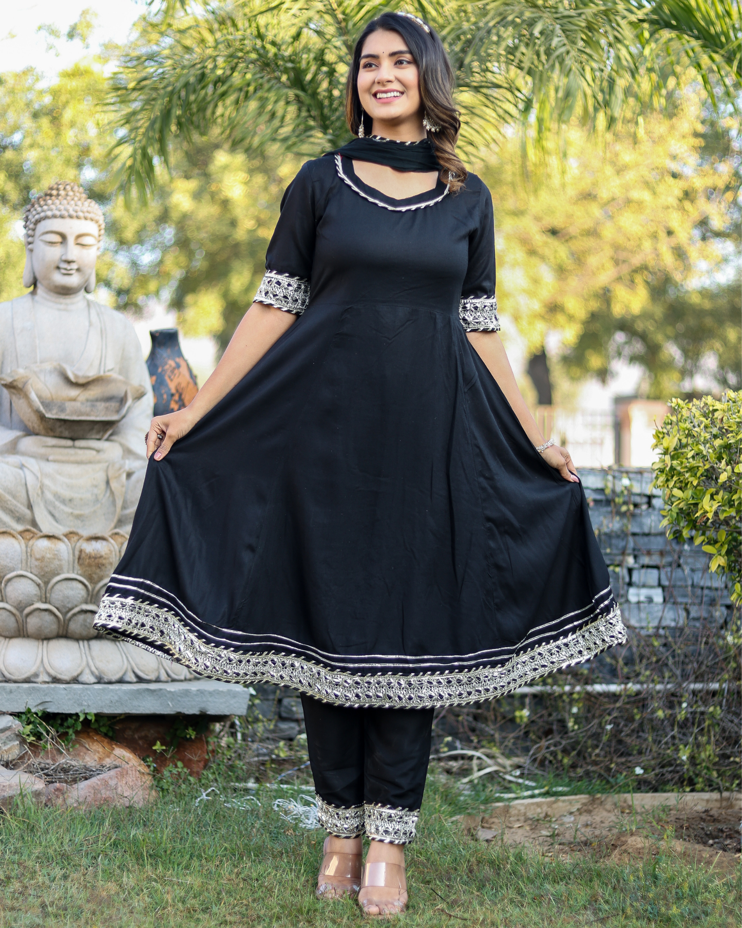 Black Makdi Rayon Anarkali Kurti Set with Lace Work, Pant & Dupatta
