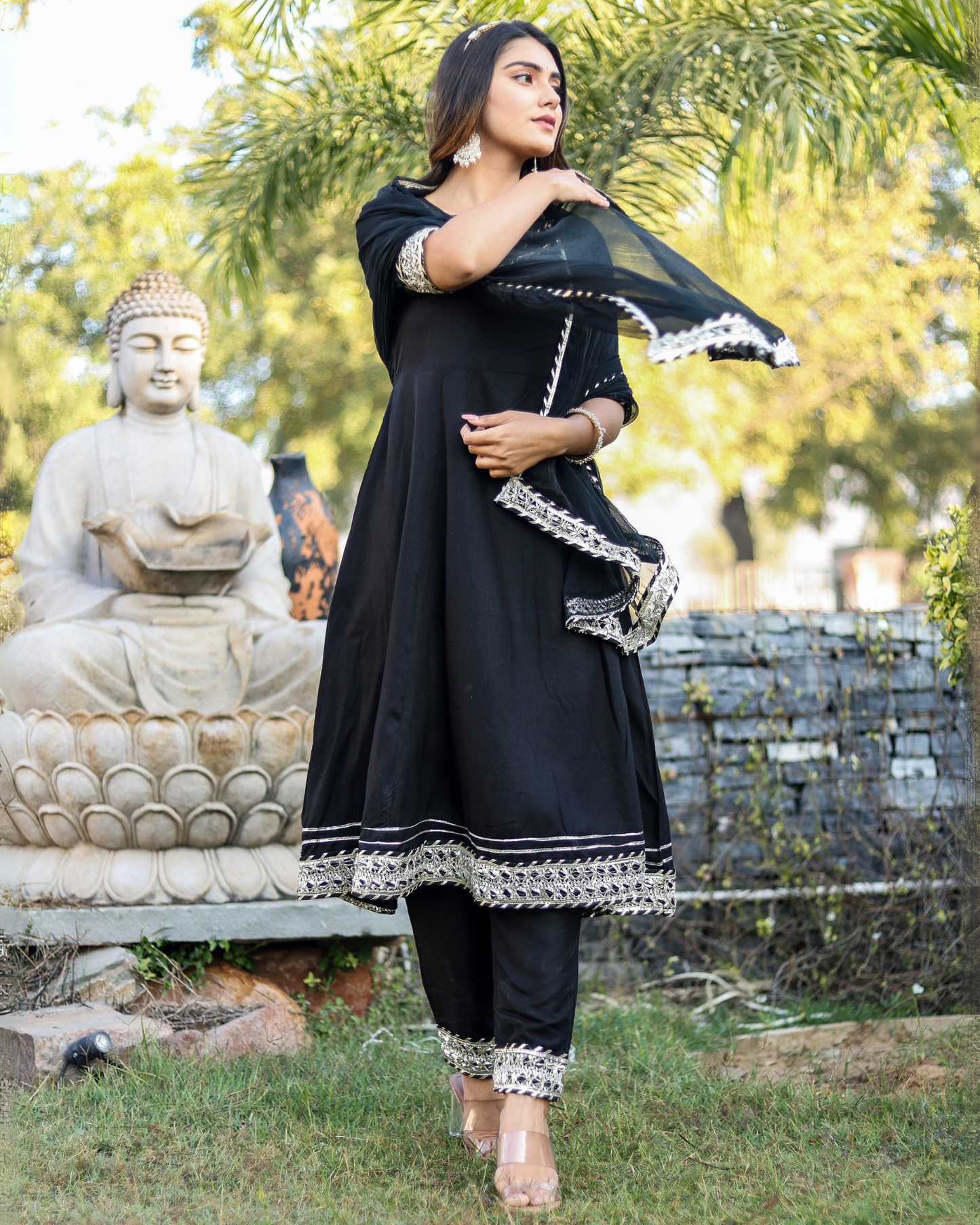 Black Makdi Rayon Anarkali Kurti Set with Lace Work, Pant & Dupatta