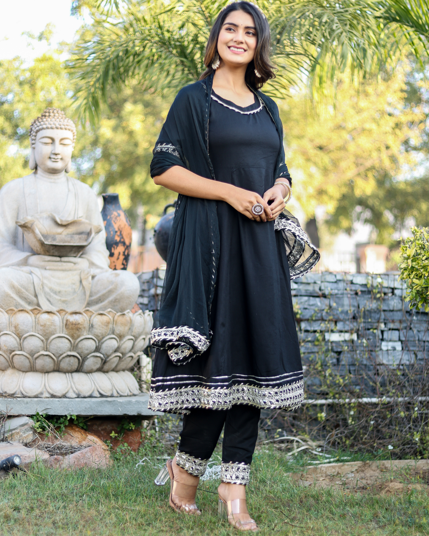 Black Makdi Rayon Anarkali Kurti Set with Lace Work, Pant & Dupatta