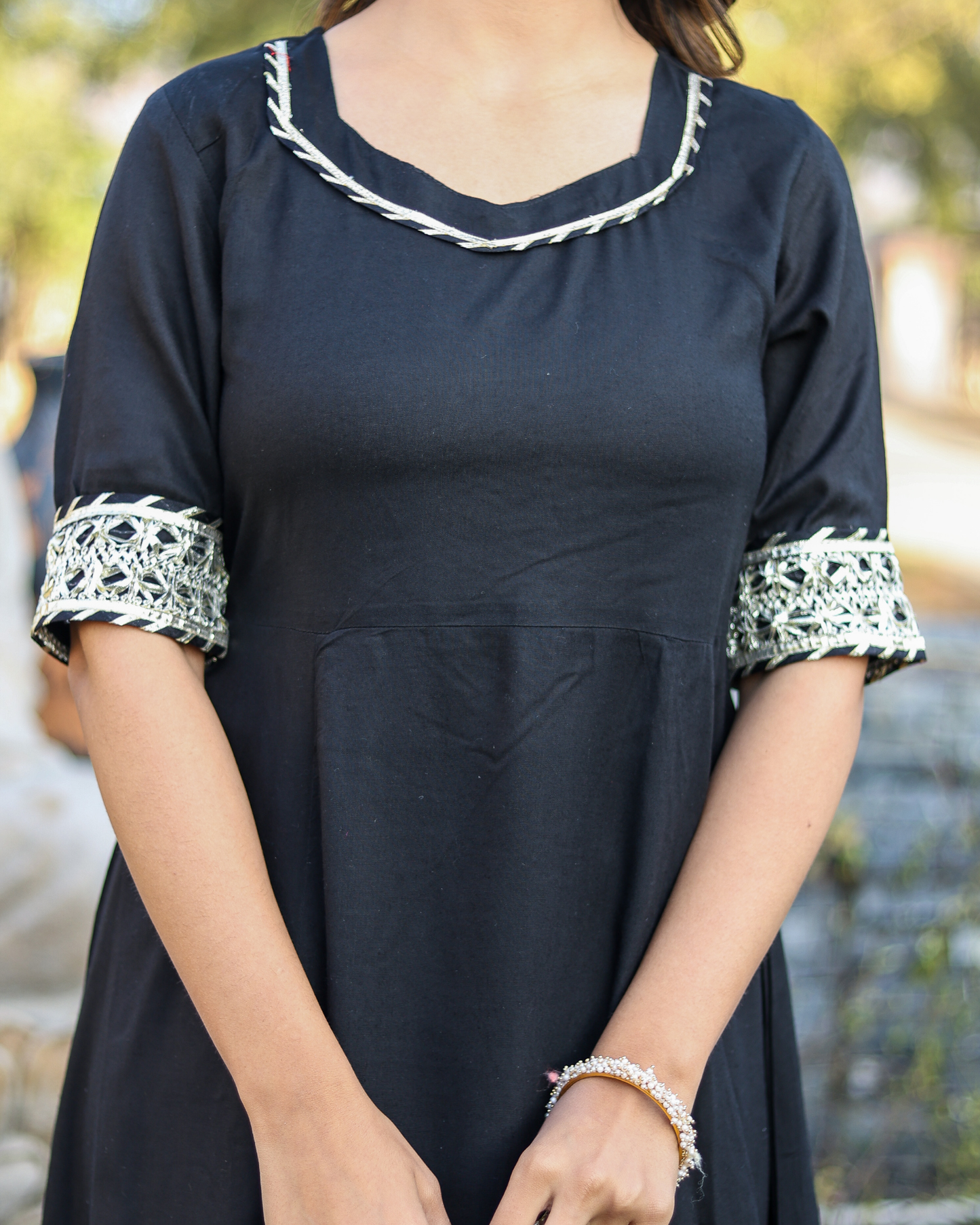 Black Makdi Rayon Anarkali Kurti Set with Lace Work, Pant & Dupatta
