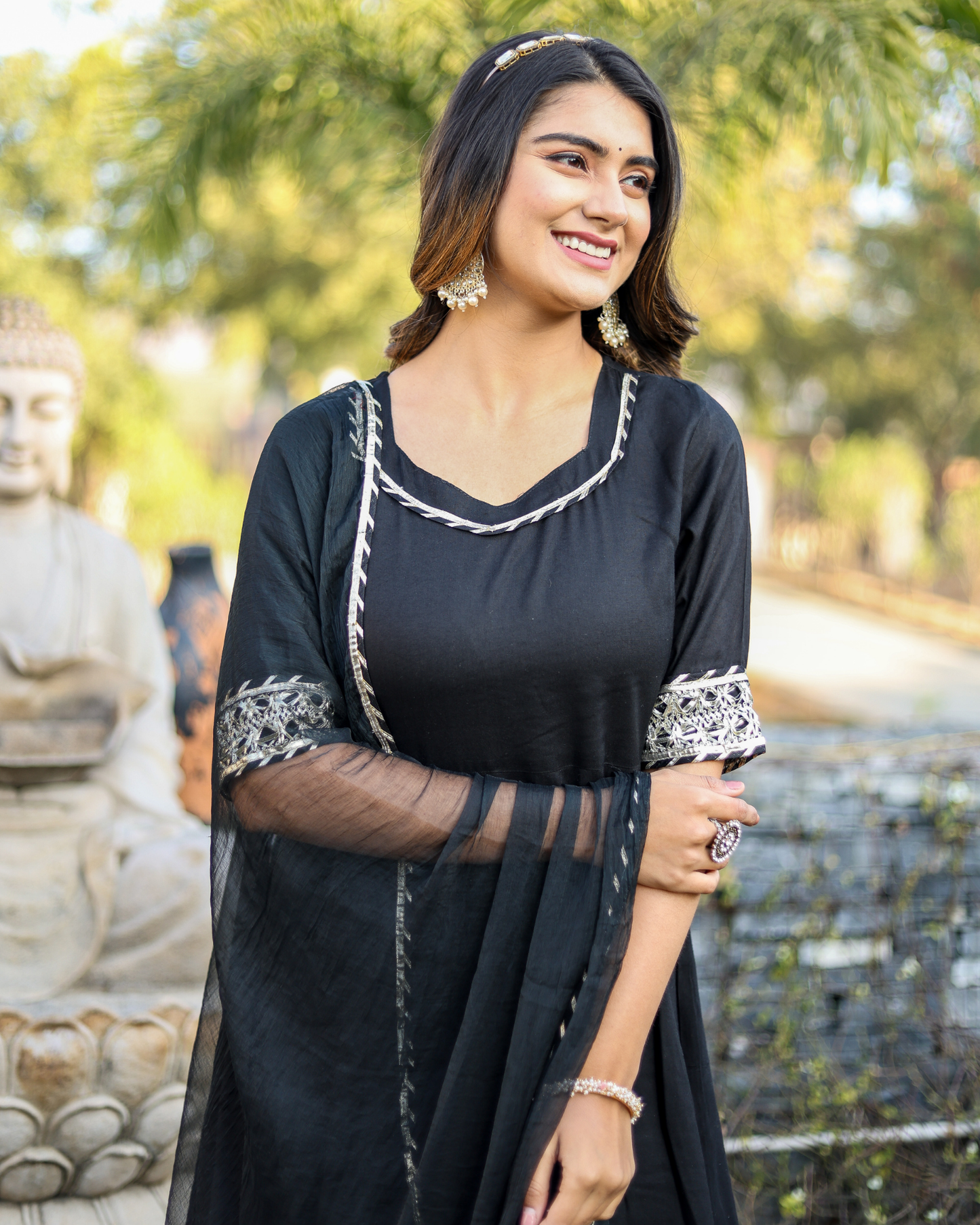 Black Makdi Rayon Anarkali Kurti Set with Lace Work, Pant & Dupatta