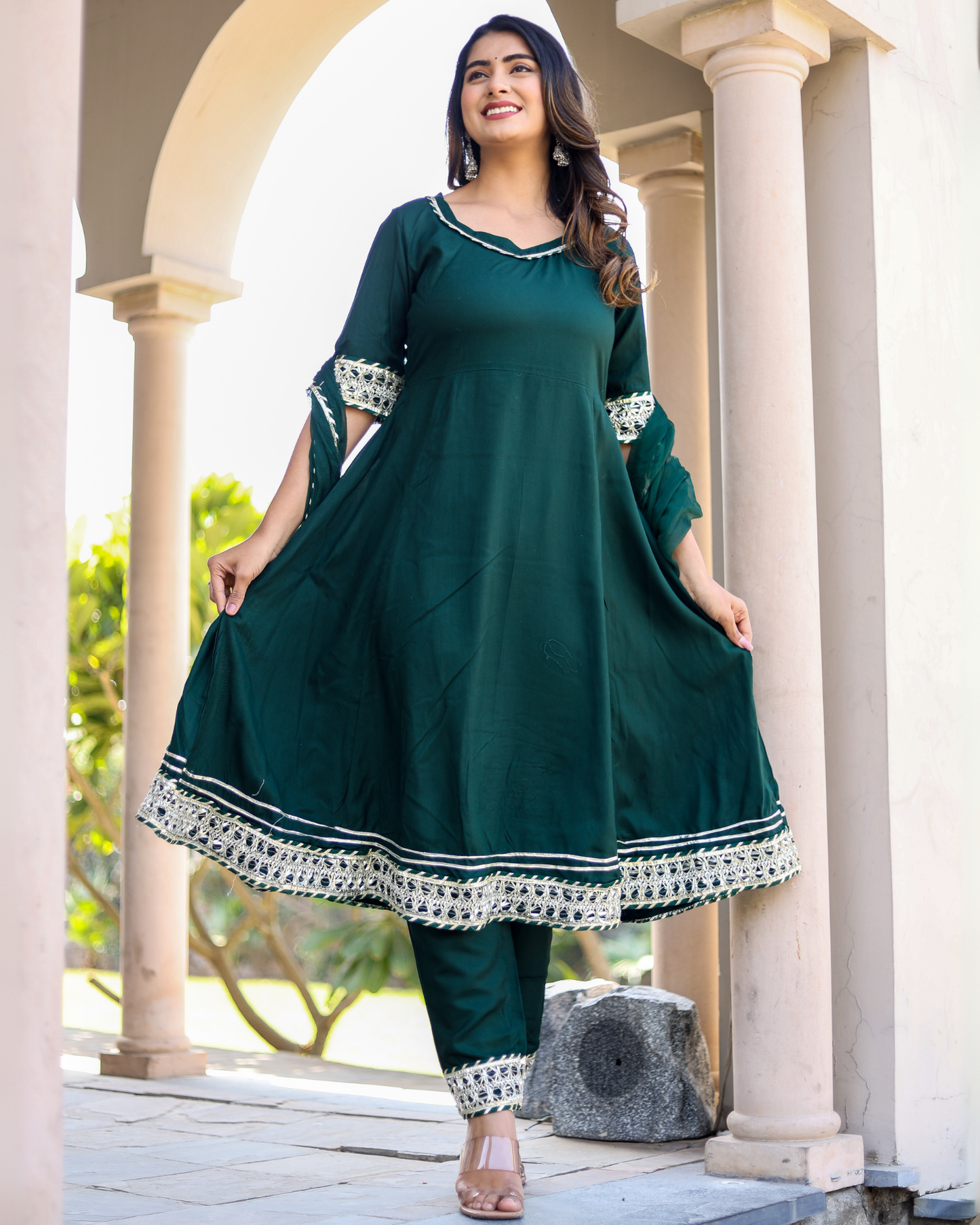 Bottle Green Makdi Rayon Anarkali Kurti Set with Lace Work