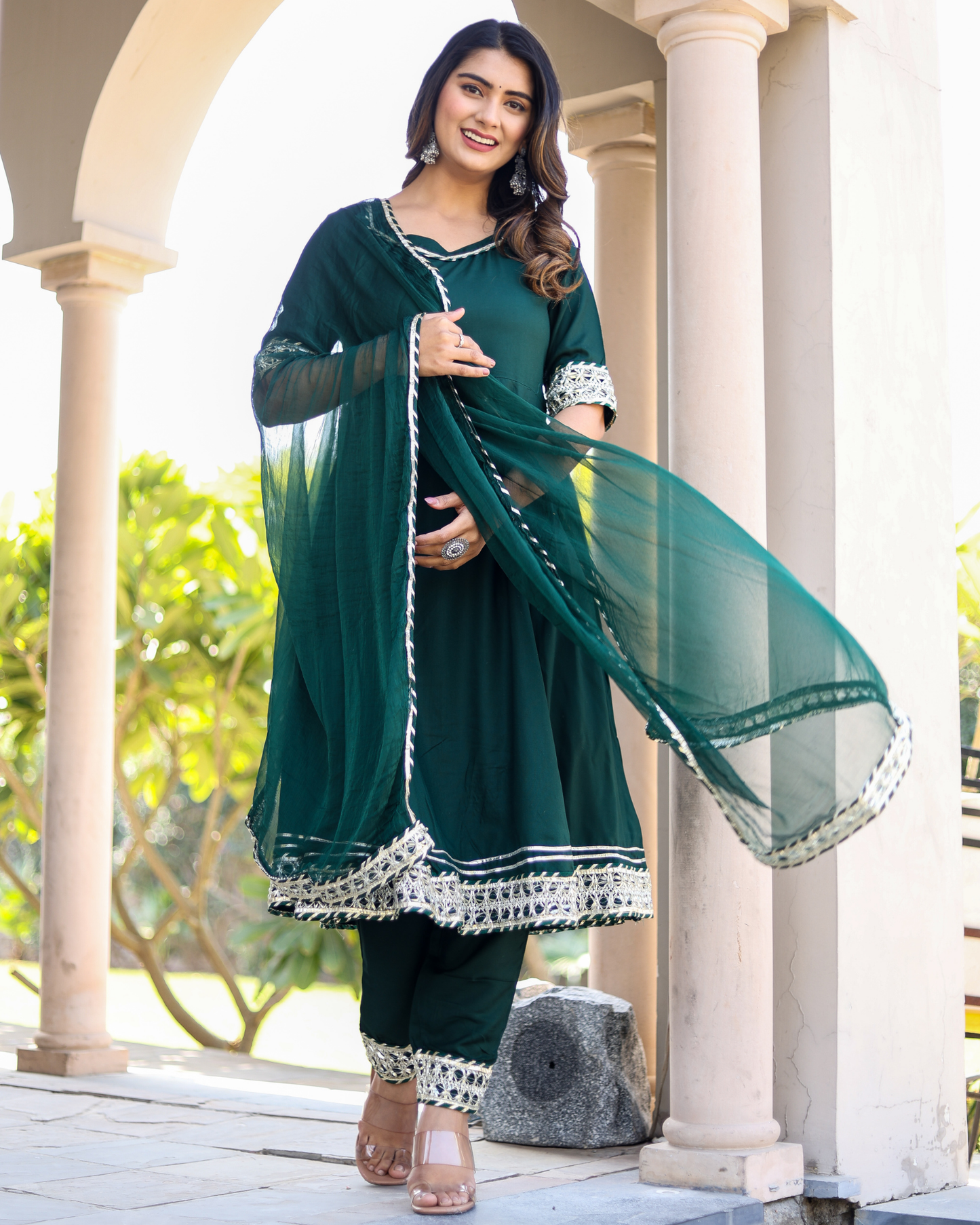 Bottle Green Makdi Rayon Anarkali Kurti Set with Lace Work