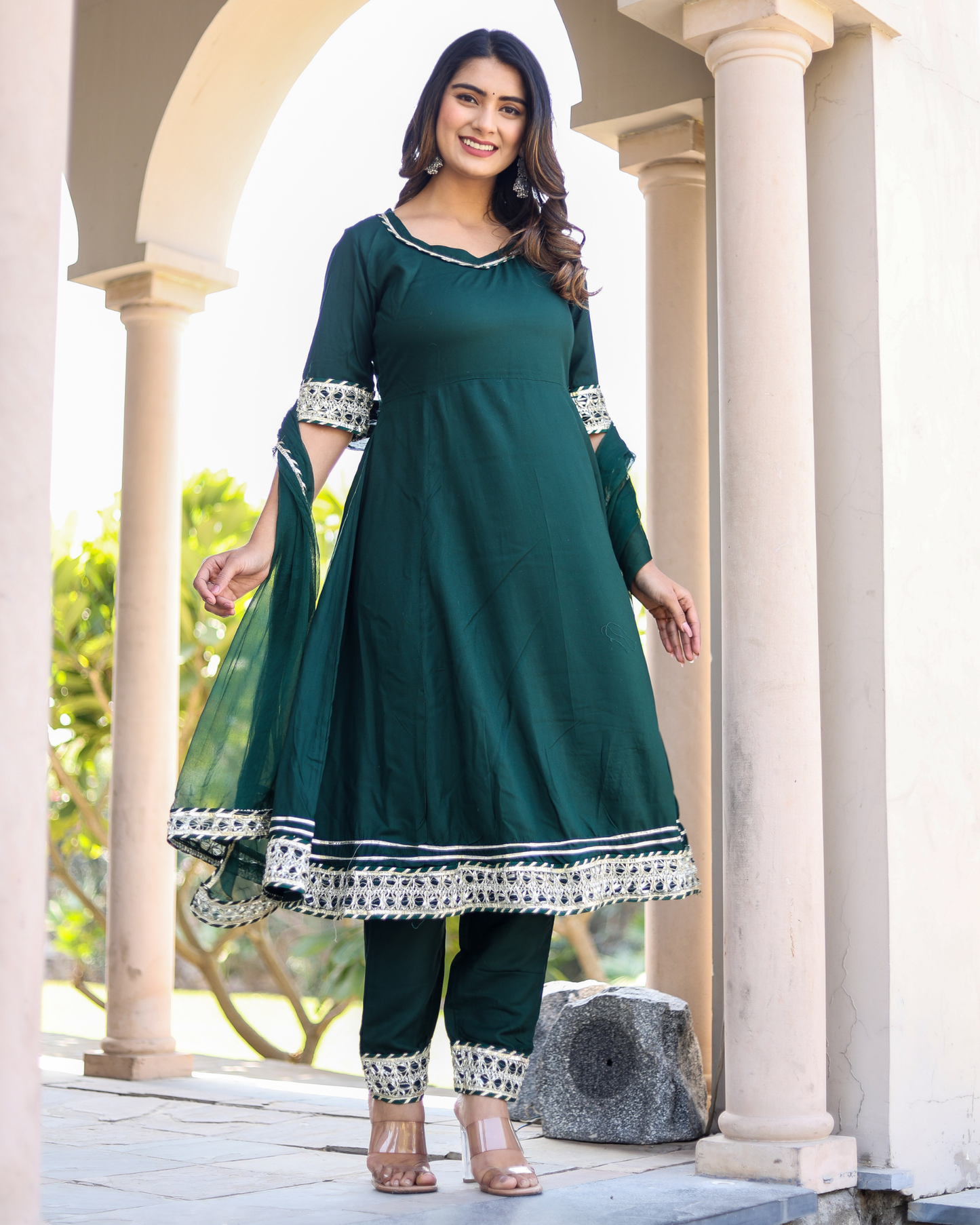 Bottle Green Makdi Rayon Anarkali Kurti Set with Lace Work