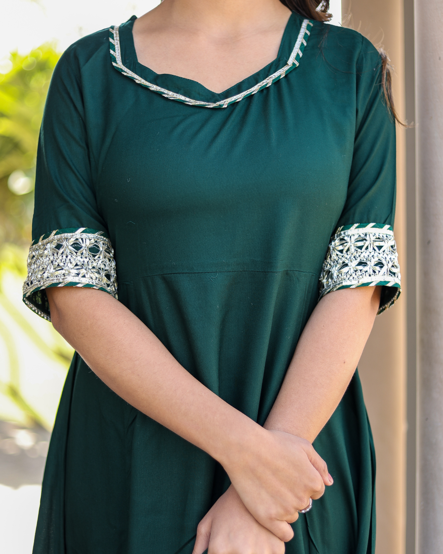 Bottle Green Makdi Rayon Anarkali Kurti Set with Lace Work