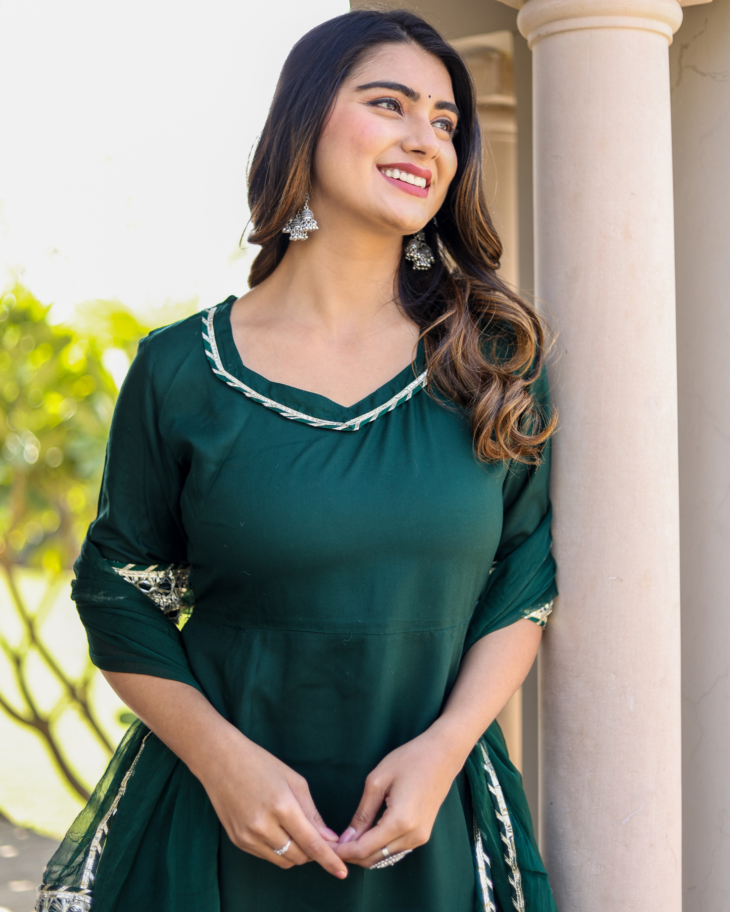 Bottle Green Makdi Rayon Anarkali Kurti Set with Lace Work