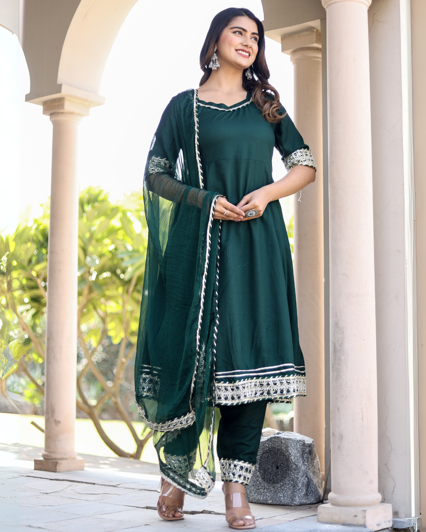 Bottle Green Makdi Rayon Anarkali Kurti Set with Lace Work