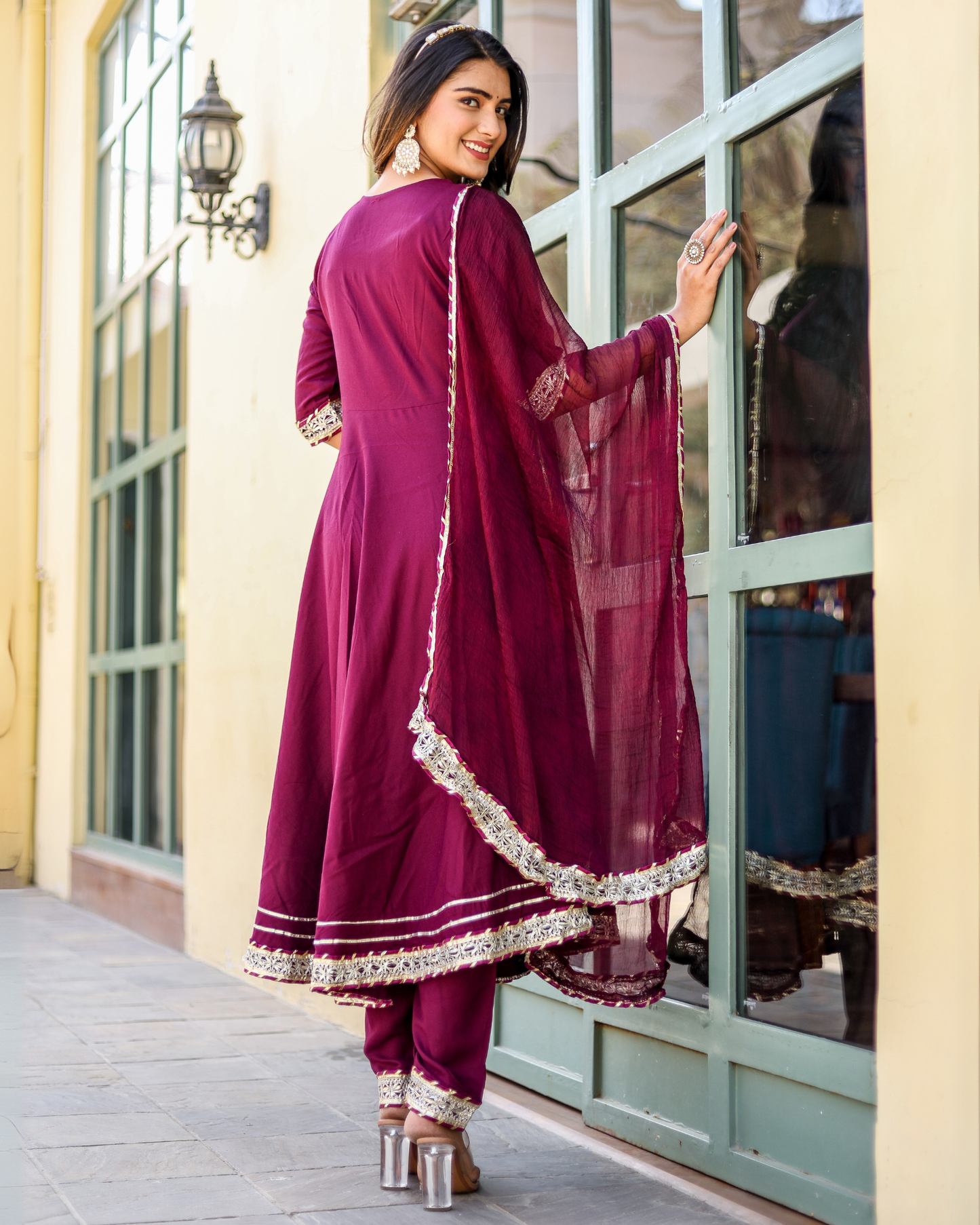 Wine Makdi Rayon Anarkali Kurti Set with Lace Work & Dupatta