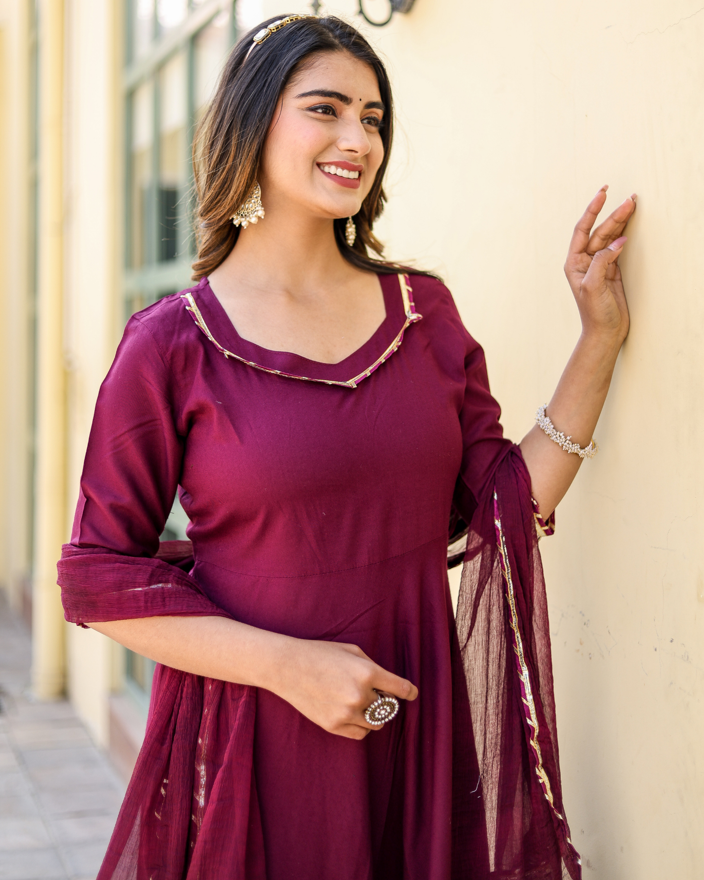 Wine Makdi Rayon Anarkali Kurti Set with Lace Work & Dupatta