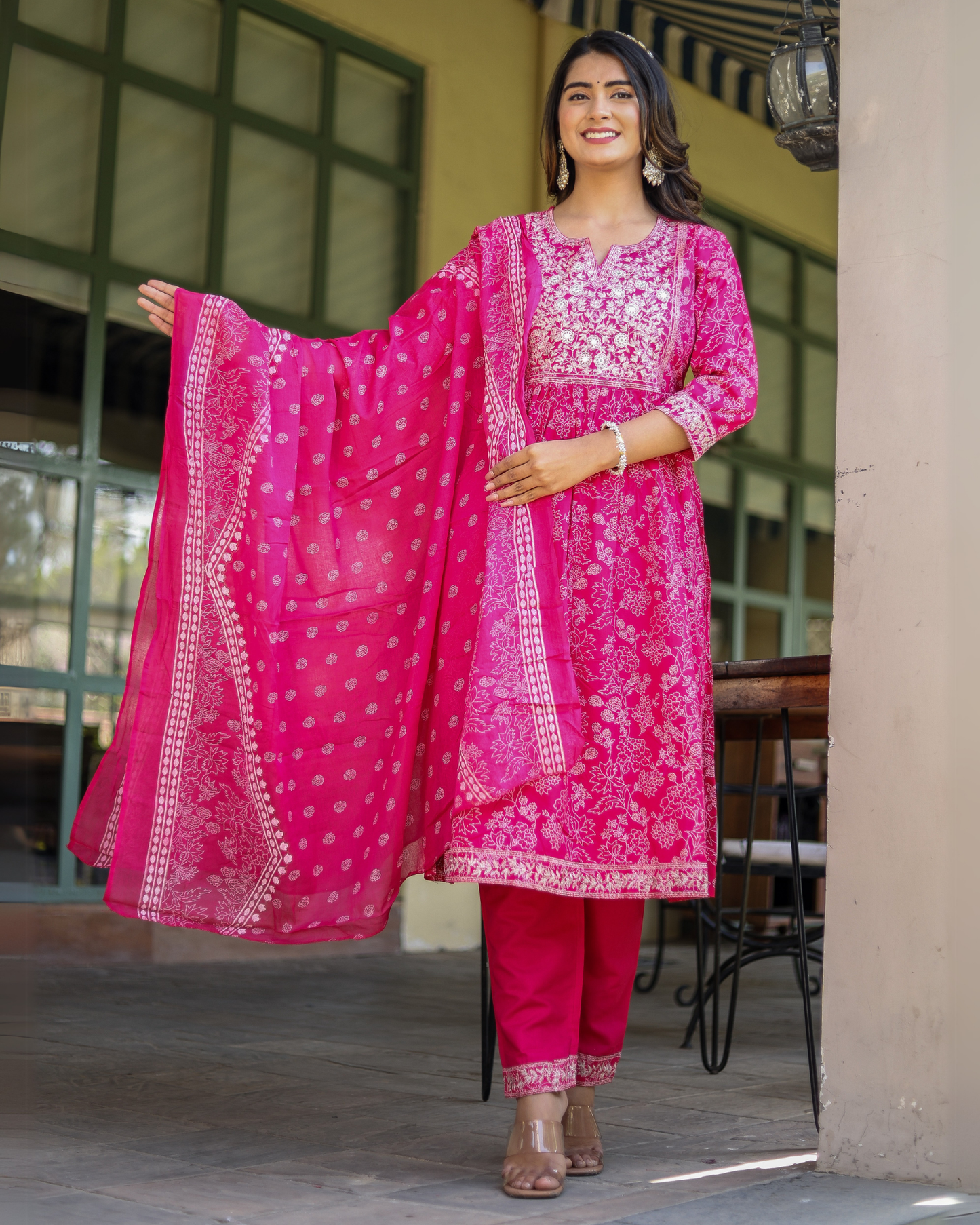 Rani Zari Rayon Embroidered Kurti Set with Pant & Dupatta