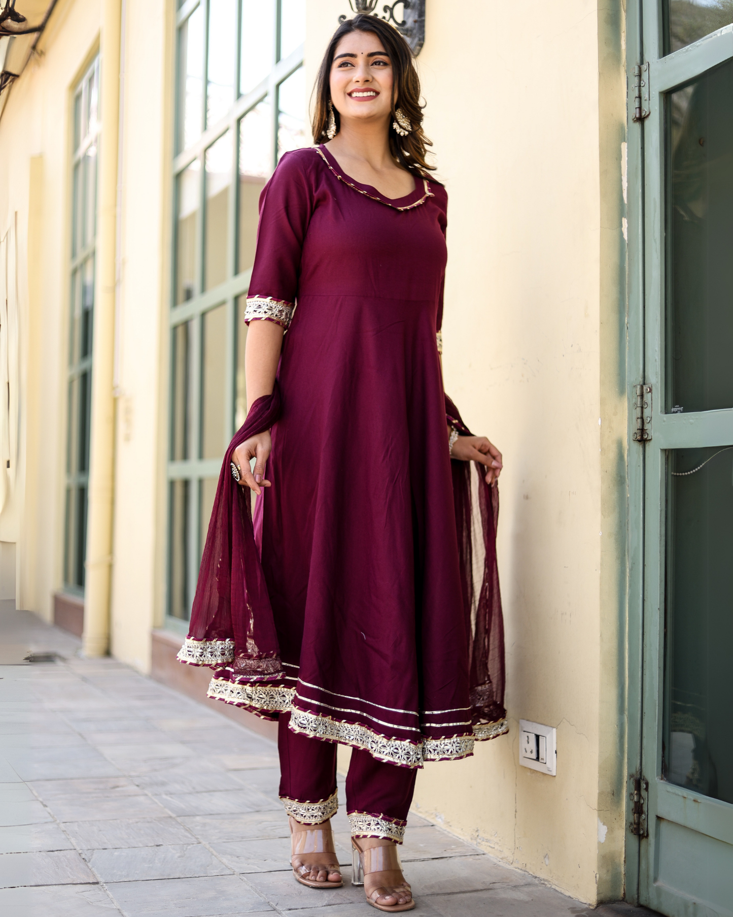 Wine Makdi Rayon Anarkali Kurti Set with Lace Work & Dupatta