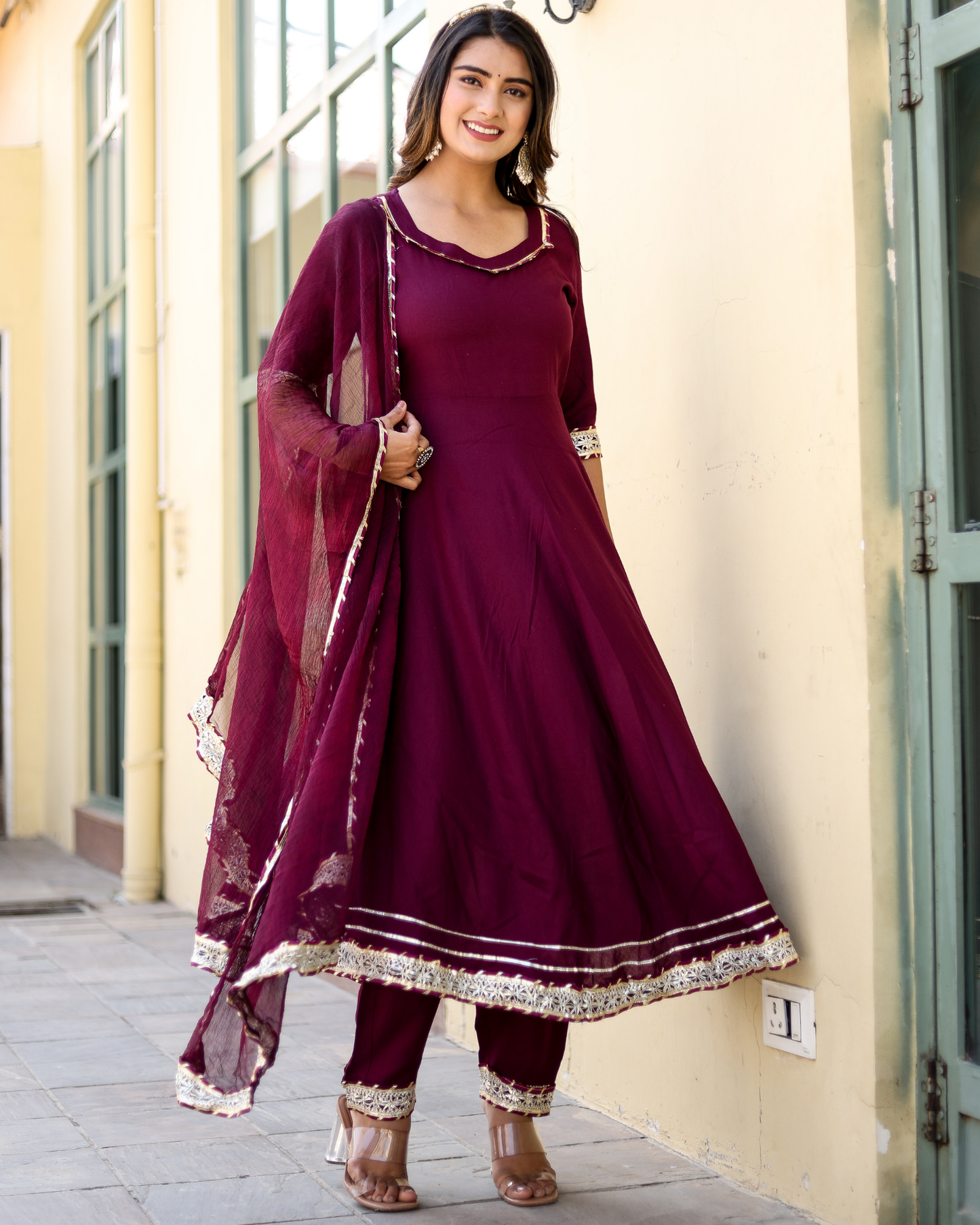 Wine Makdi Rayon Anarkali Kurti Set with Lace Work & Dupatta