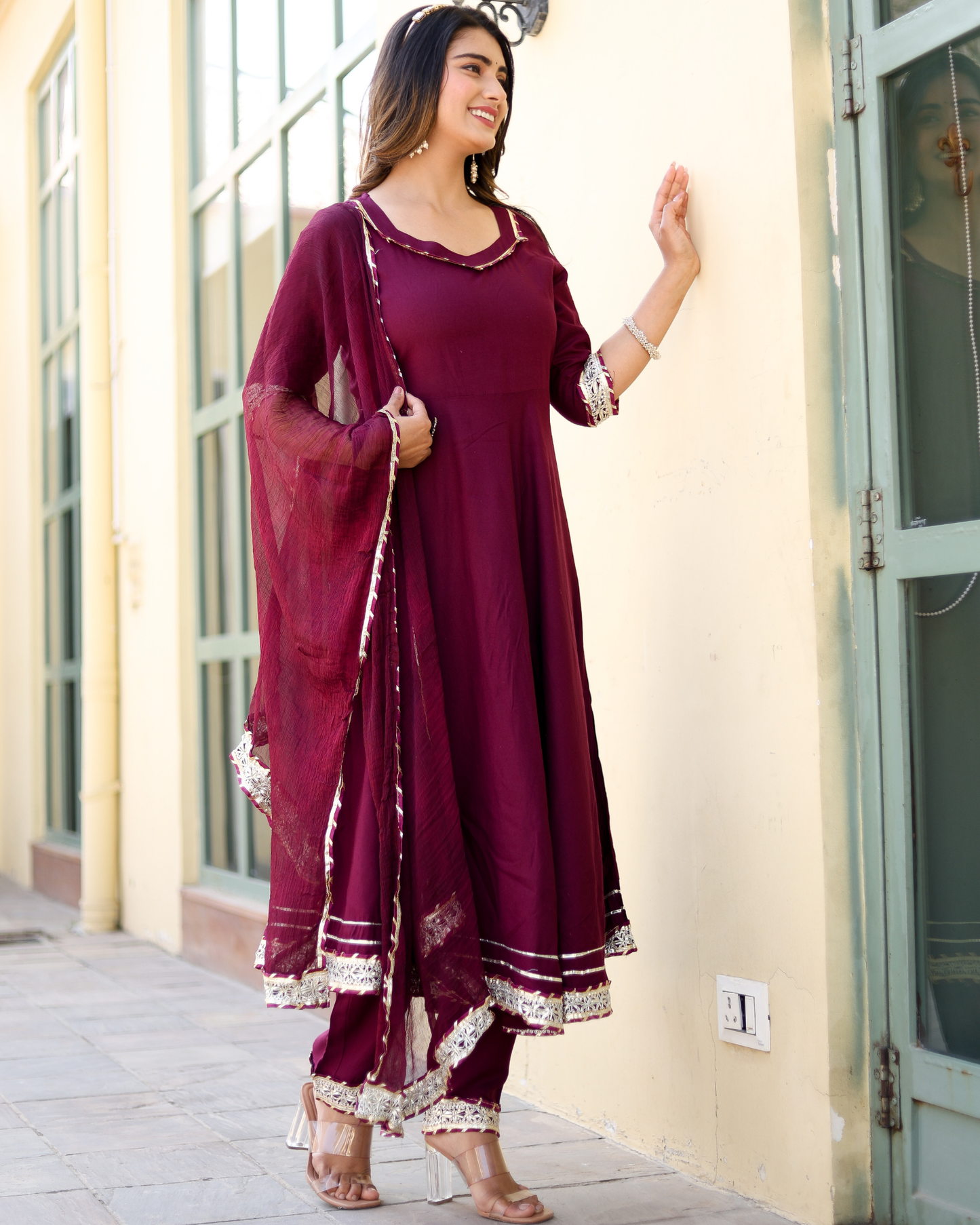 Wine Makdi Rayon Anarkali Kurti Set with Lace Work & Dupatta