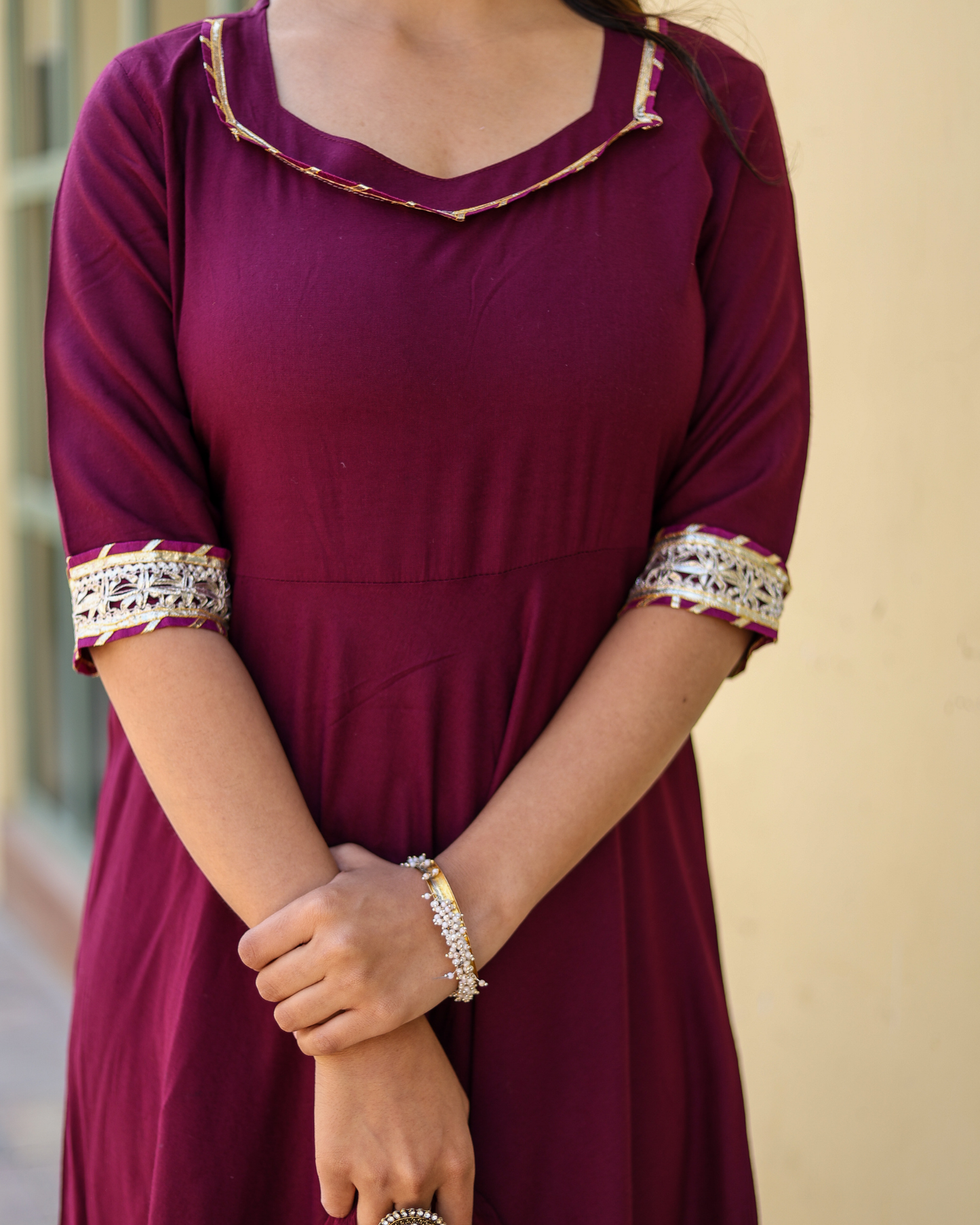 Wine Makdi Rayon Anarkali Kurti Set with Lace Work & Dupatta