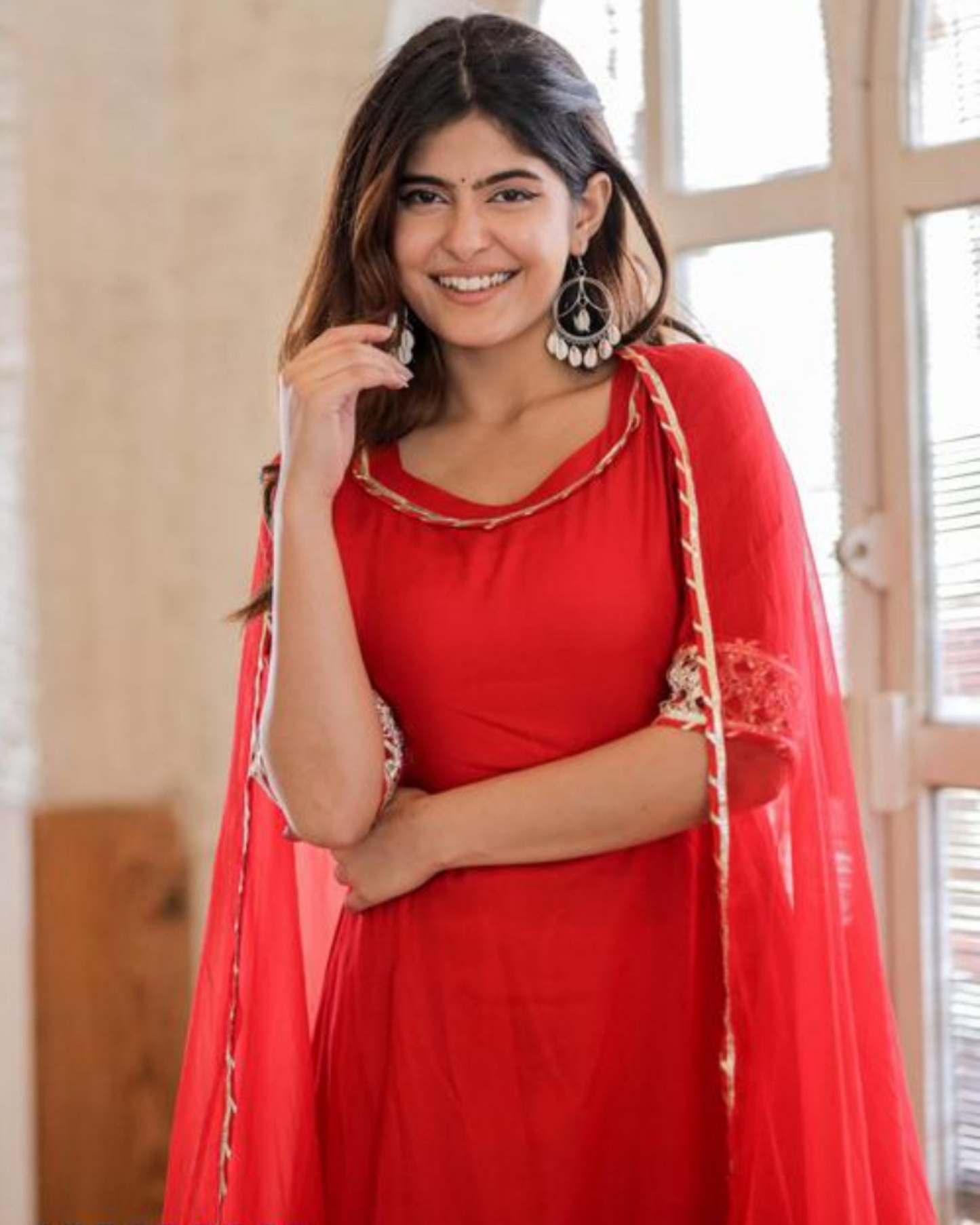 Red Makdi Rayon Anarkali Kurti Set with Lace Work Pant & Dupatta