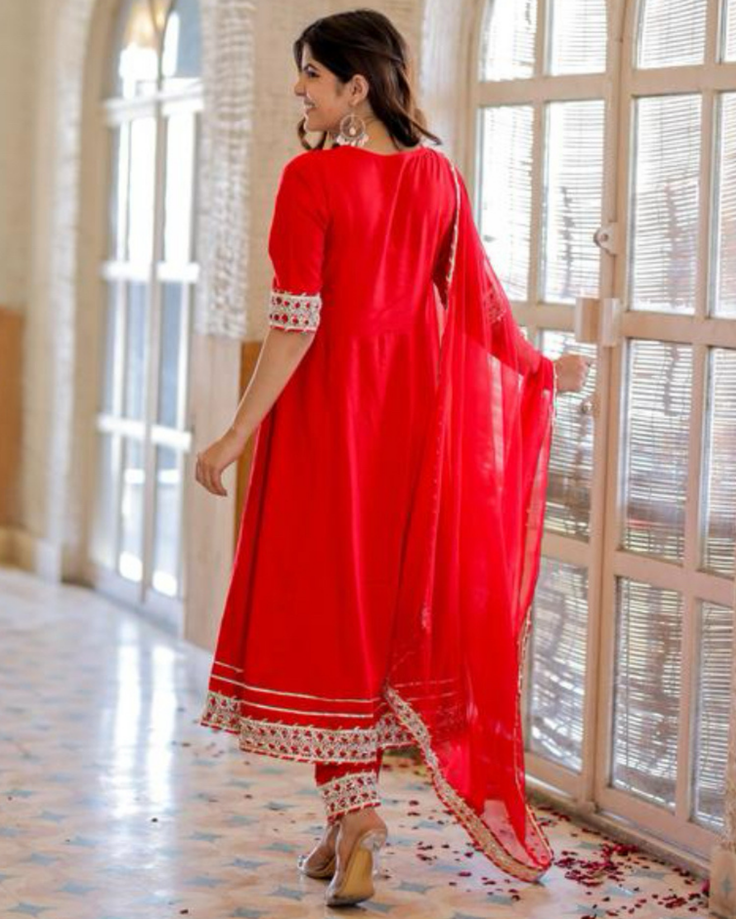 Red Makdi Rayon Anarkali Kurti Set with Lace Work Pant & Dupatta