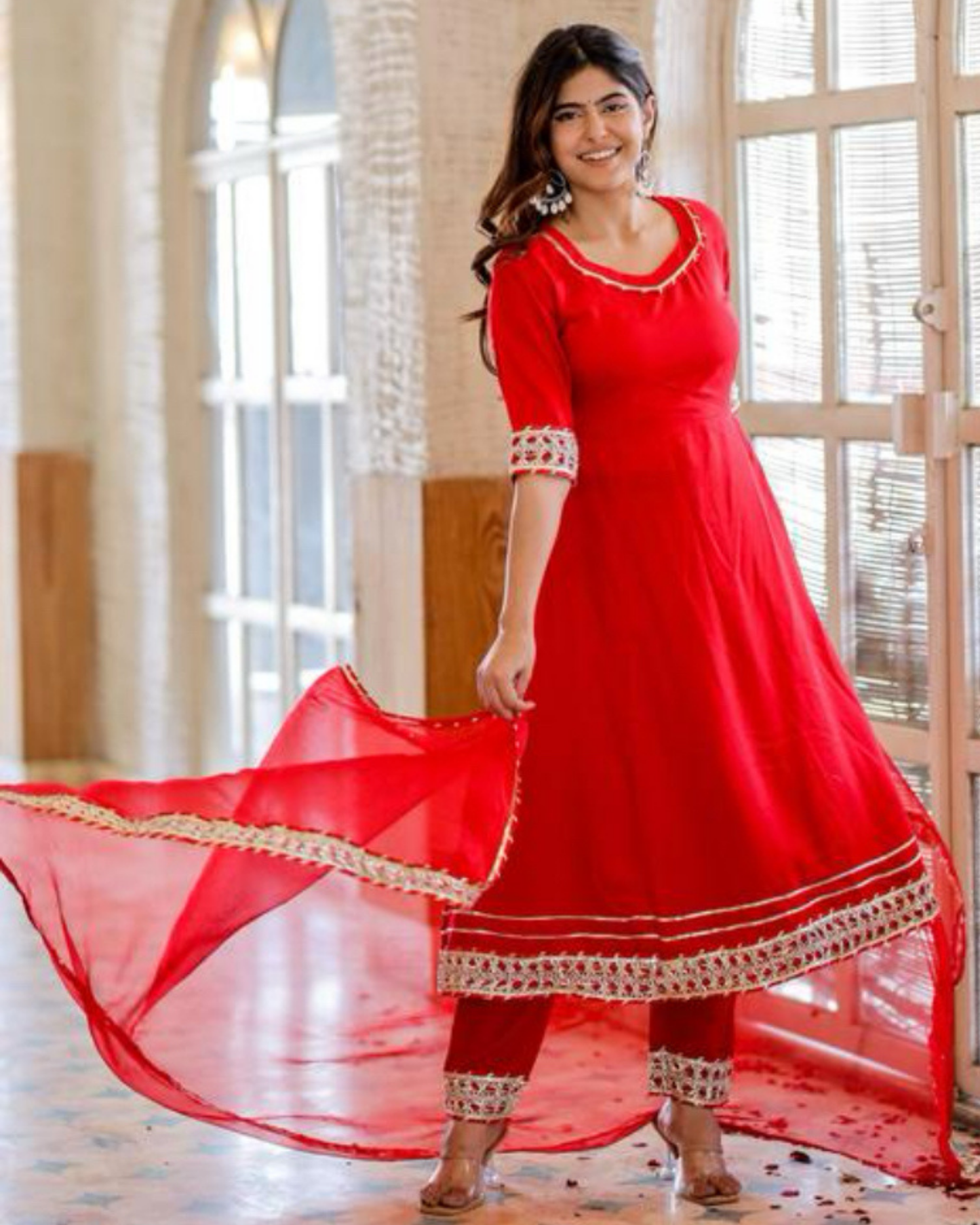 Red Makdi Rayon Anarkali Kurti Set with Lace Work Pant & Dupatta