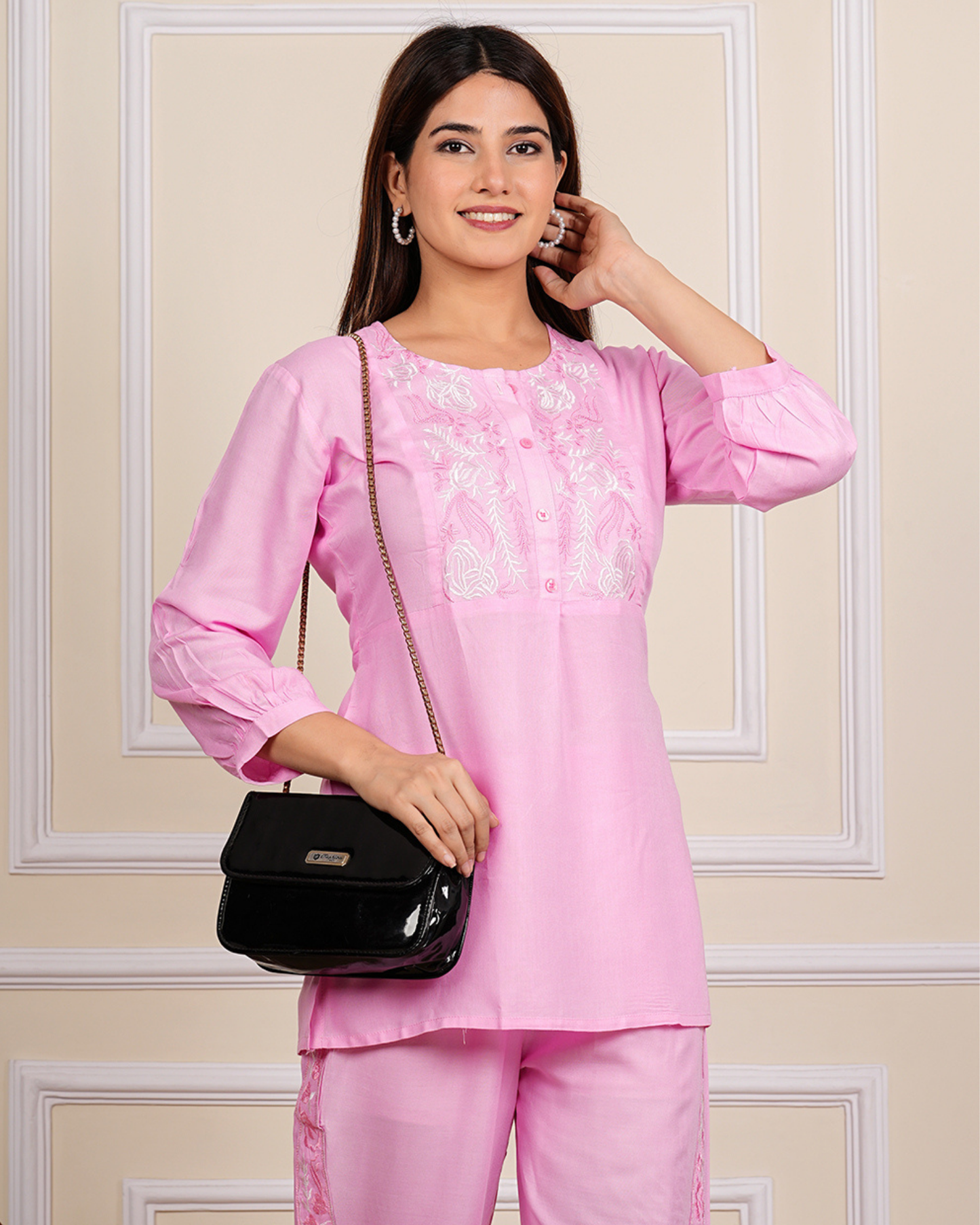 Pink TanaBana Rayon Embroidery Co-ord Set