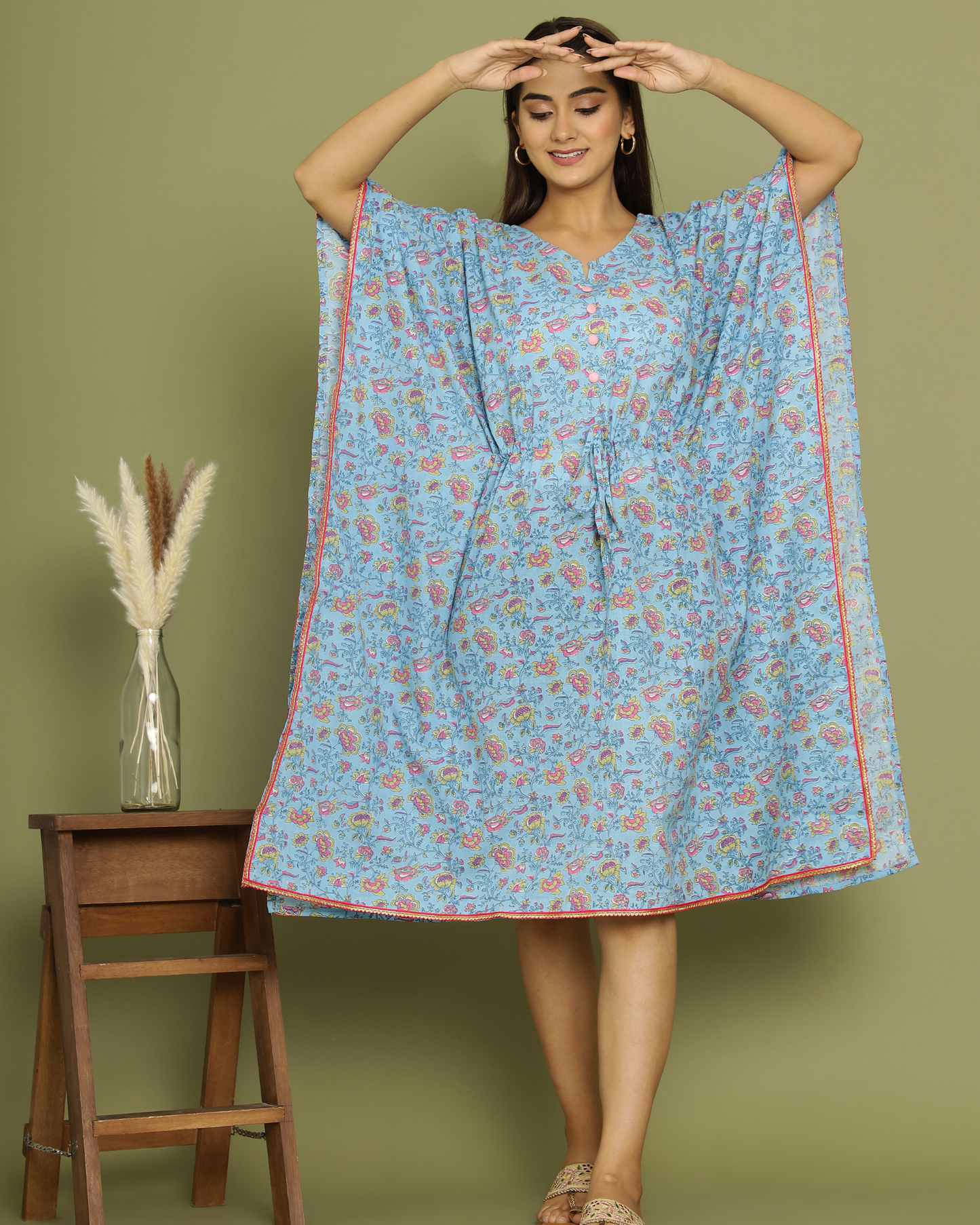 Blue Cotton Printed Kaftan with Pom-Pom Lace Comfortable Wear