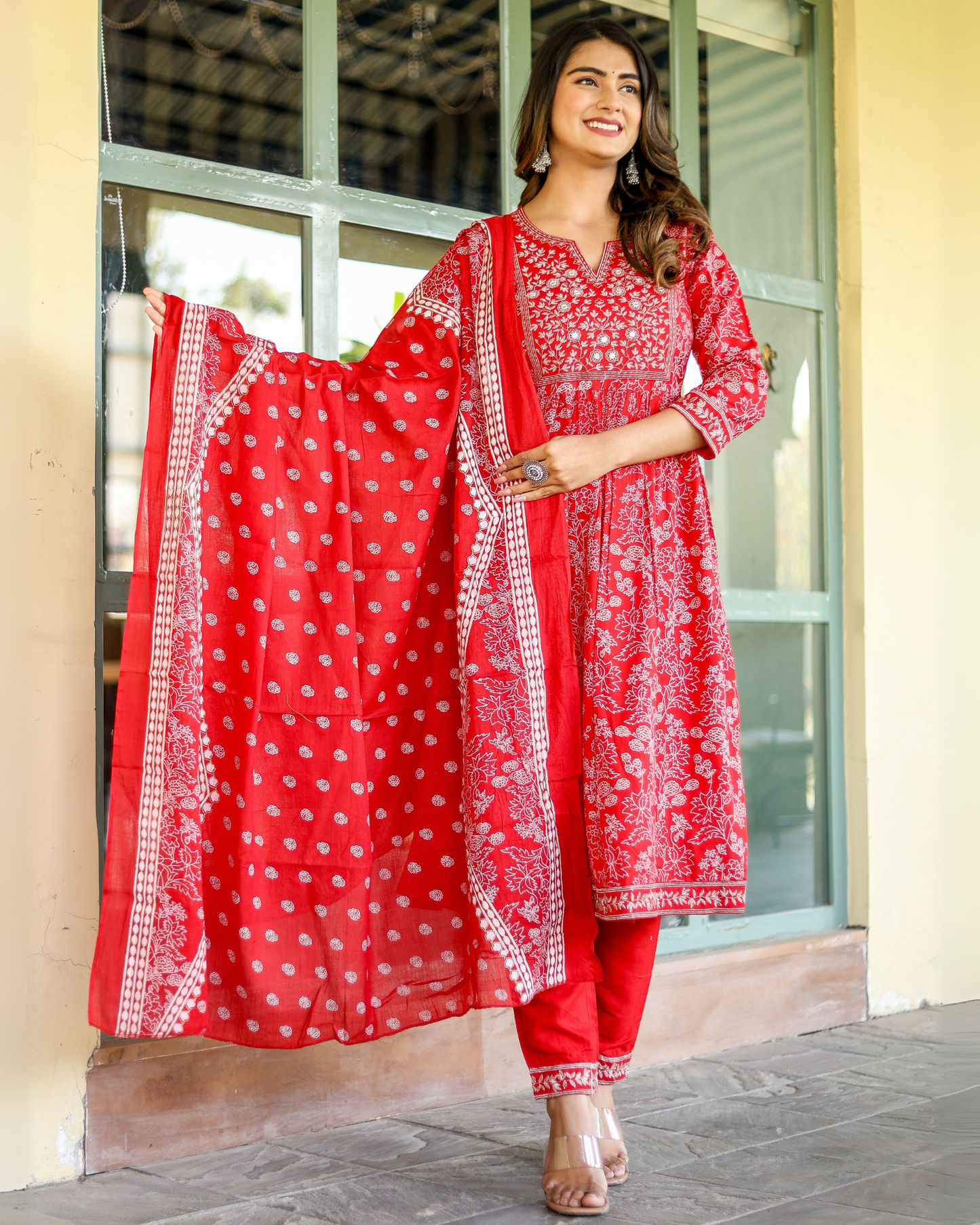 Red Zari Rayon Embroidered Kurti Set with Pant & Dupatta