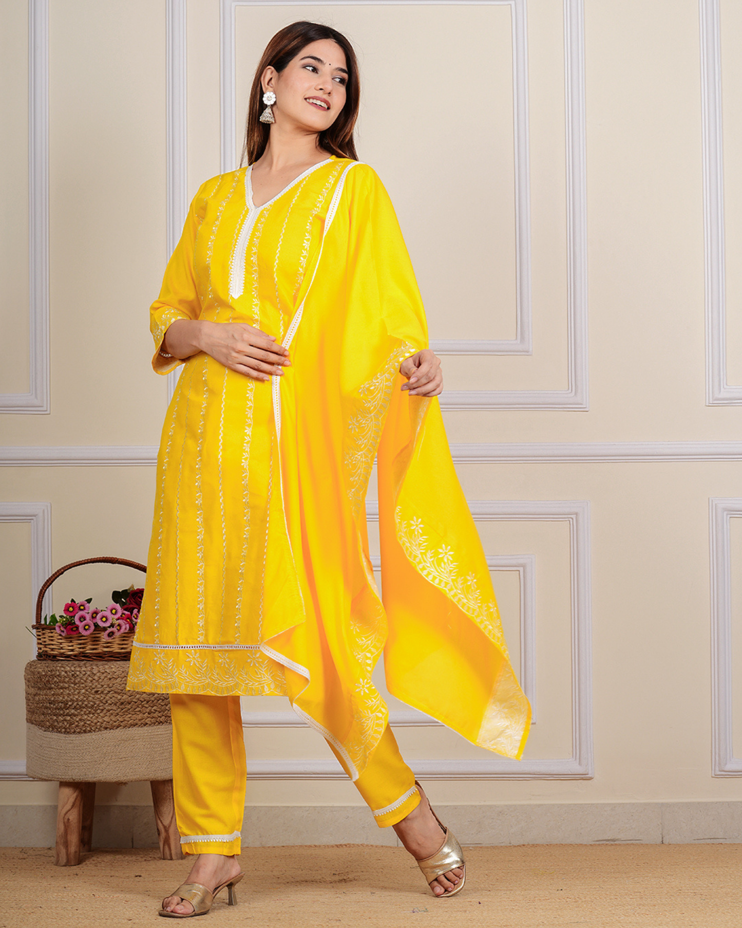 Embroidered Calf Length Kurti Set with Pant and Printed Dupatta