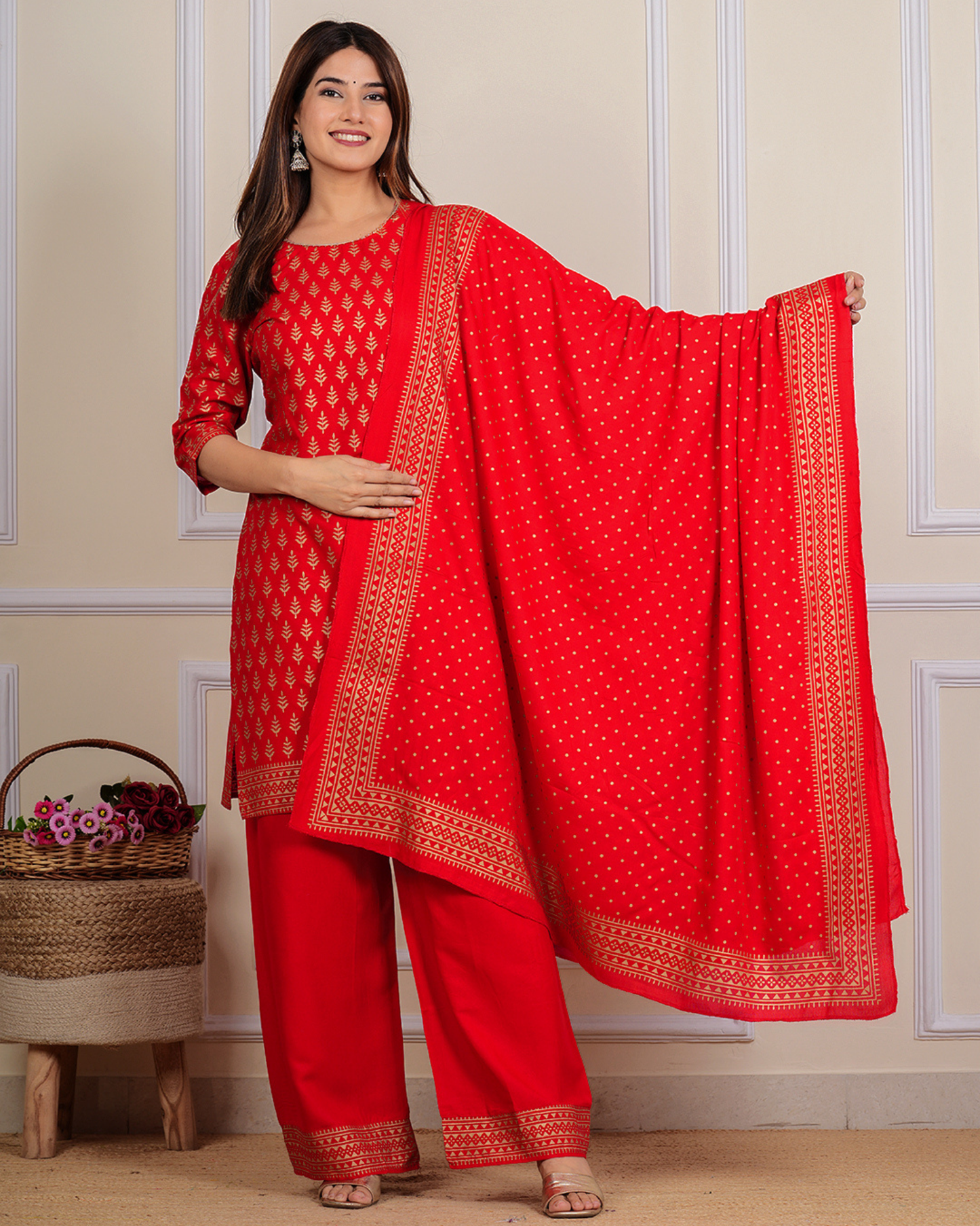 Red Sharara Rayon Printed Kurta Set with Plazo and Dupatta