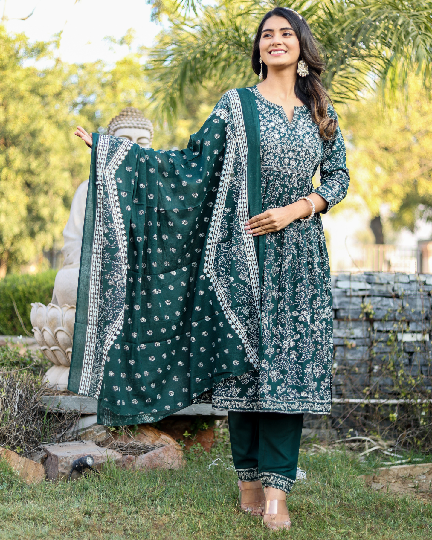 Green Zari Rayon Kurti Set with Embroidered Yoke, Pant & Dupatta