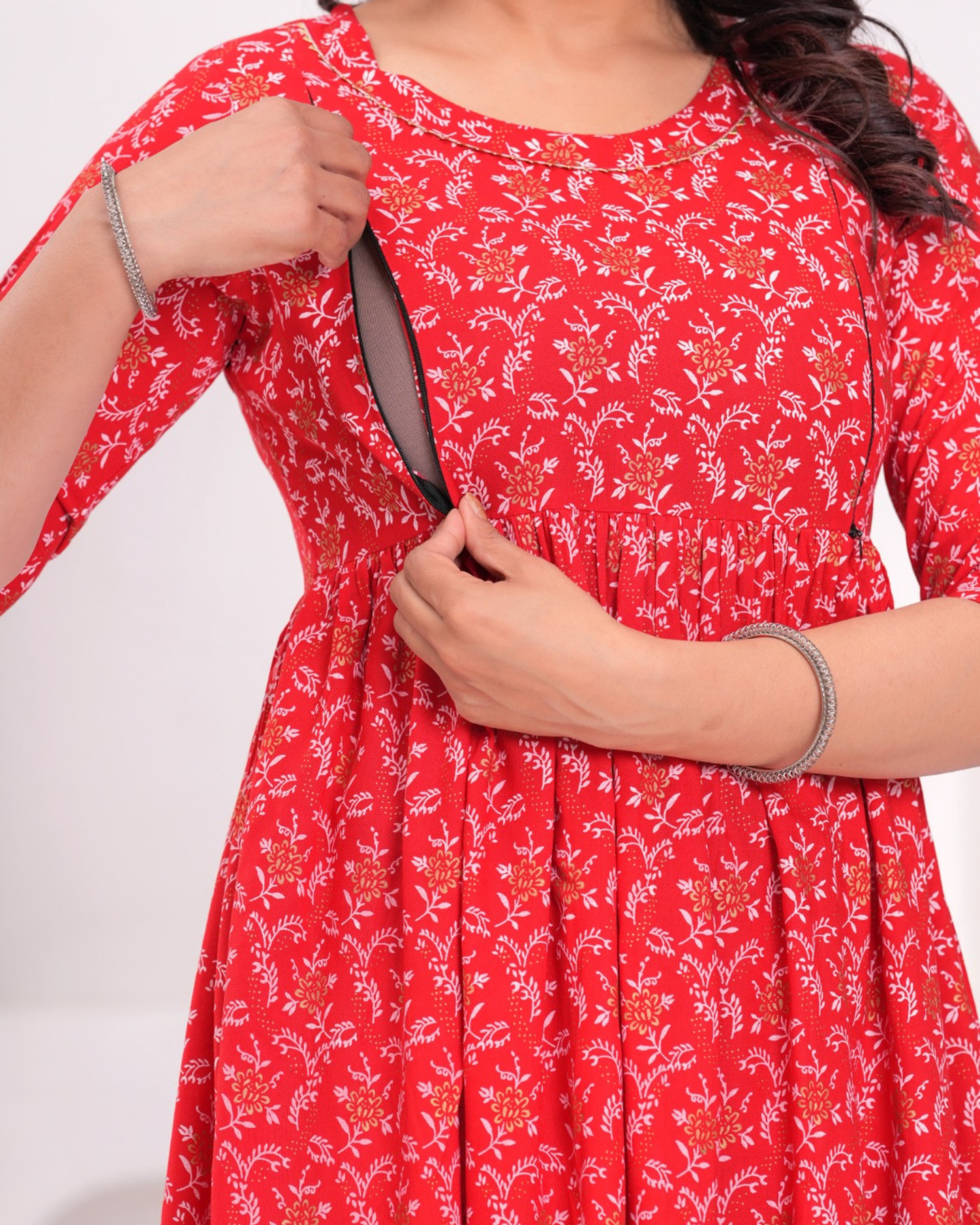 Stylish Red Bell Maternity Gown Designed for Moms with Feeding Zips