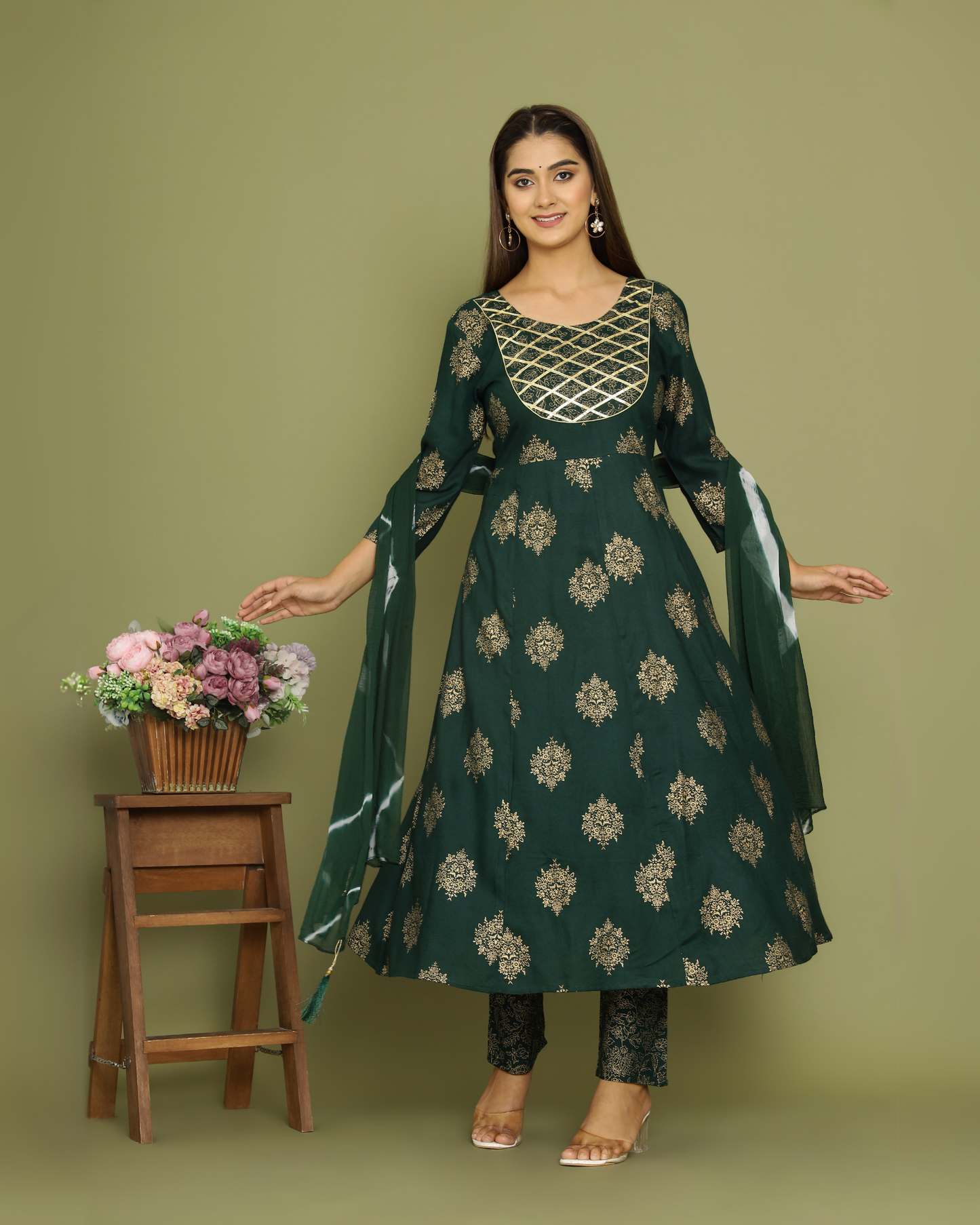 Green Butta Jaal Rayon Printed Anarkali Kurti Set with Dupatta