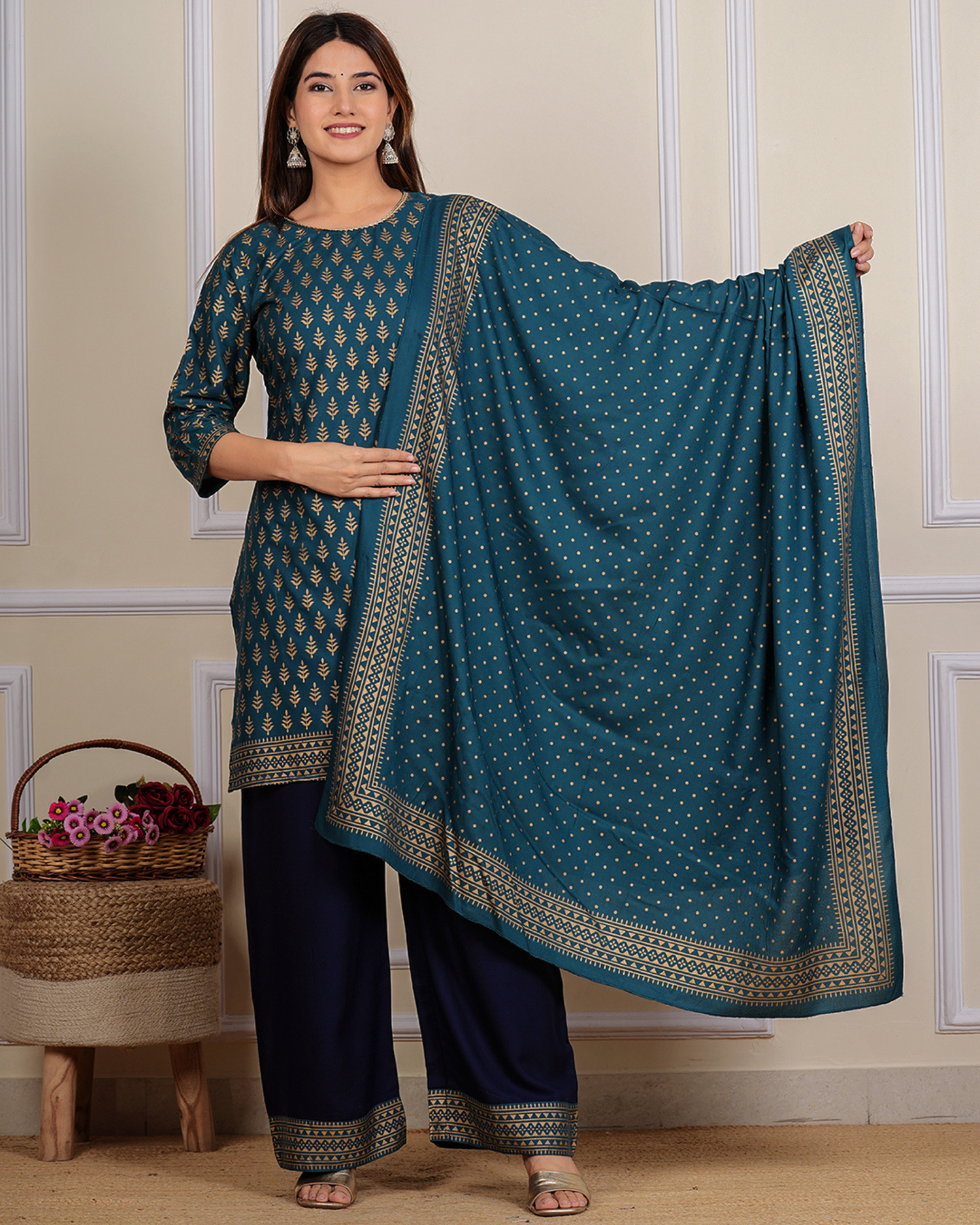 Rama Sarara Rayon Printed Kurta Set with Plazo and Dupatta