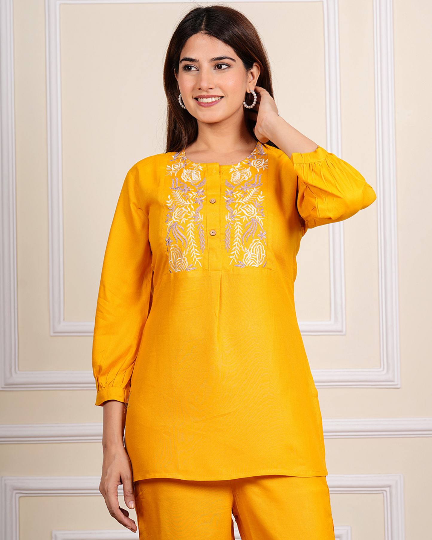 Mustard Solid Rayon Embroidered Co-Ord Set