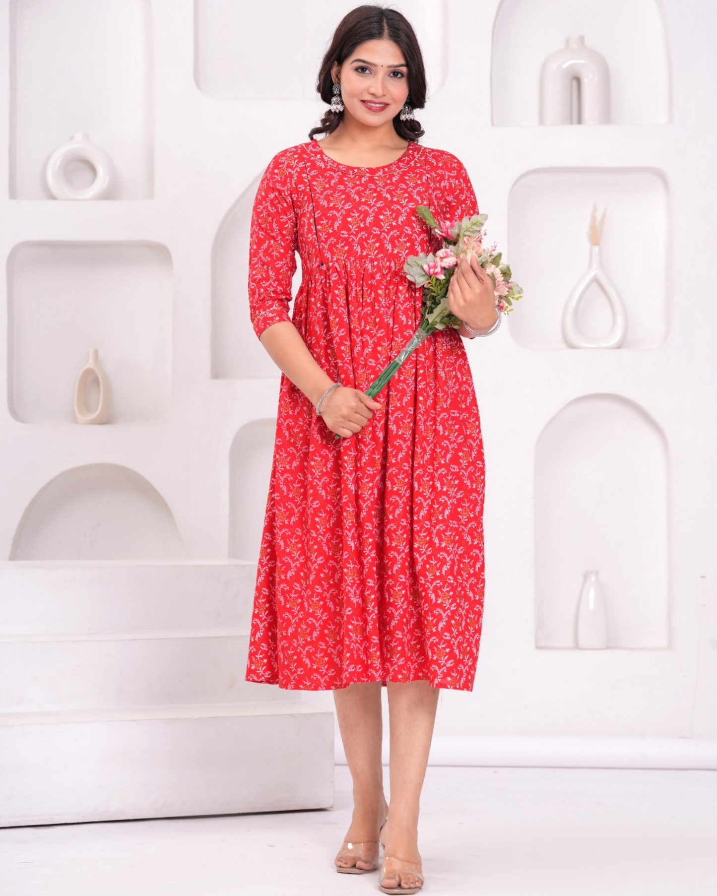 Stylish Red Bell Maternity Gown Designed for Moms with Feeding Zips
