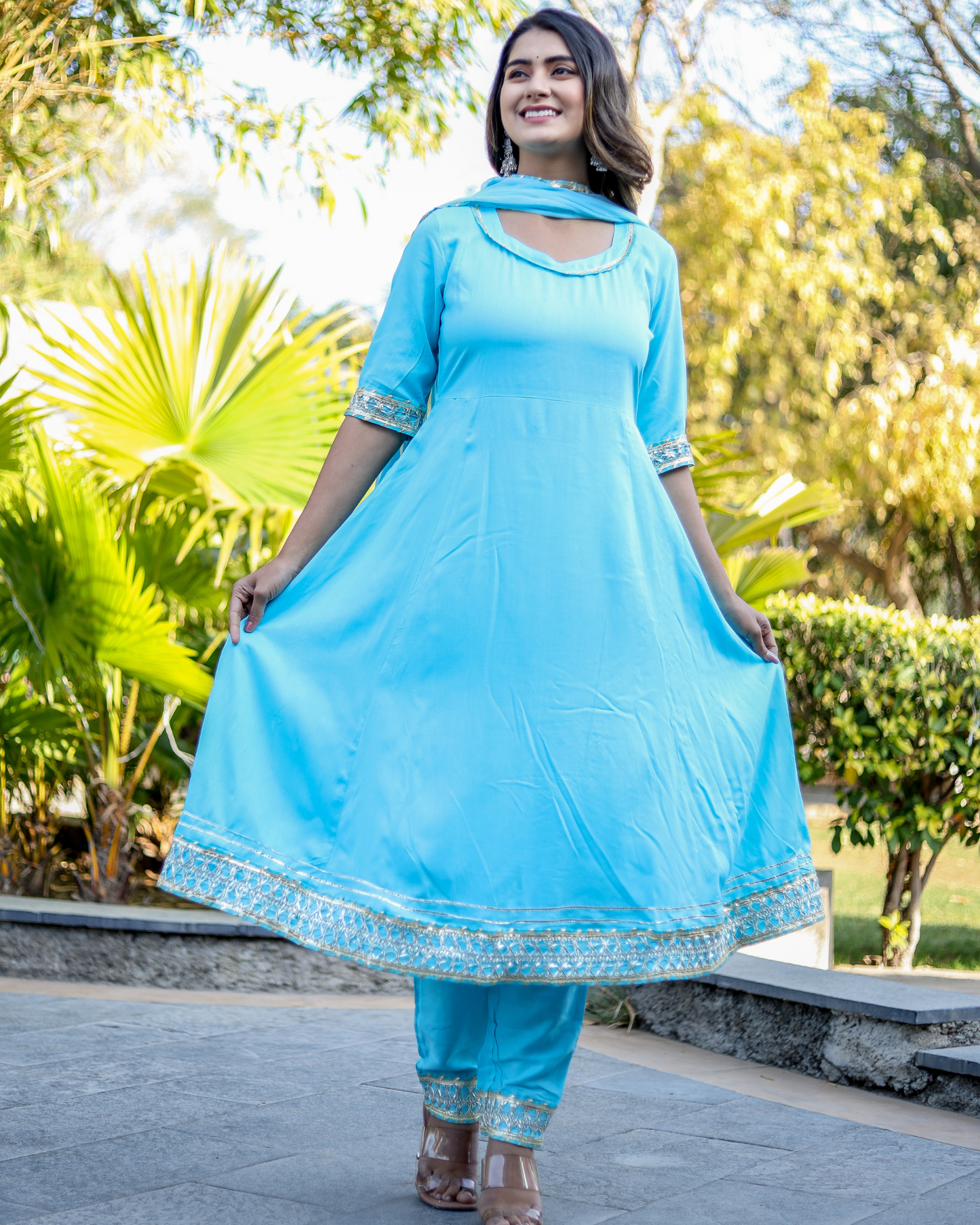Sky Makdi Rayon Anarkali Kurti Set with Lace Work Pant & Dupatta