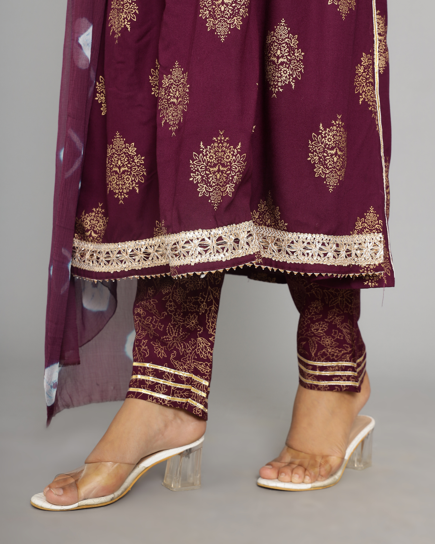 Purple Butta Jaal Kurti Set with Dupatta - Rayon & Chiffon
