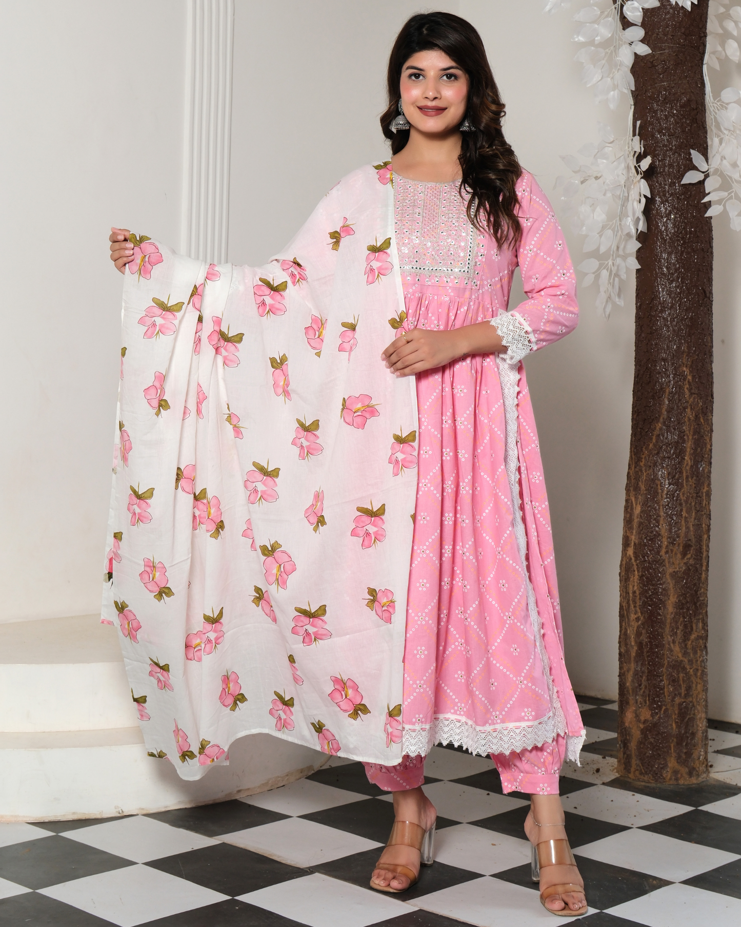 Pink Bandhej Flower Rayon Kurti with Embroidered Yoke Pant and Dupatta