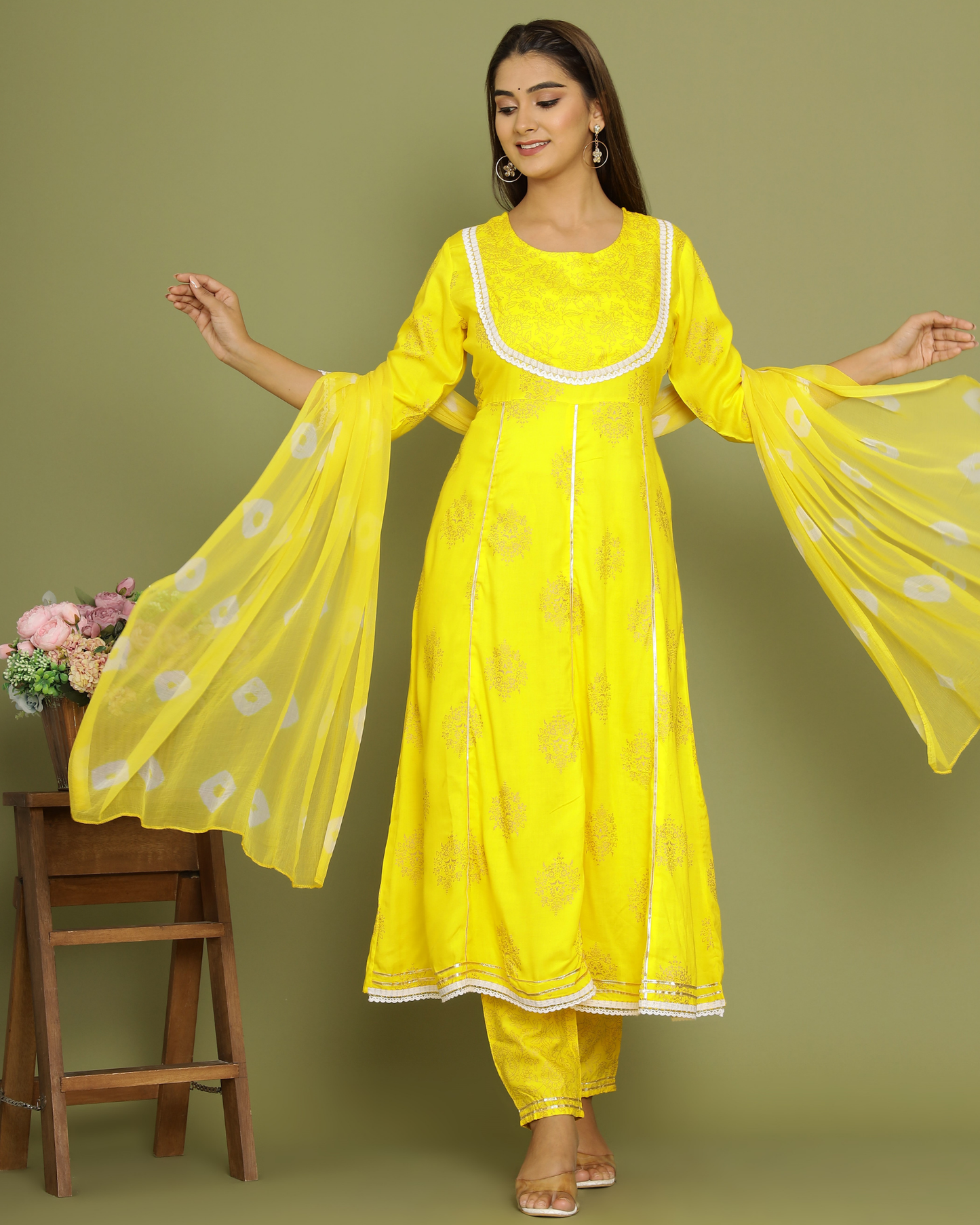 Yellow Butta Jaal Rayon Printed Anarkali Kurti Set with Dupatta