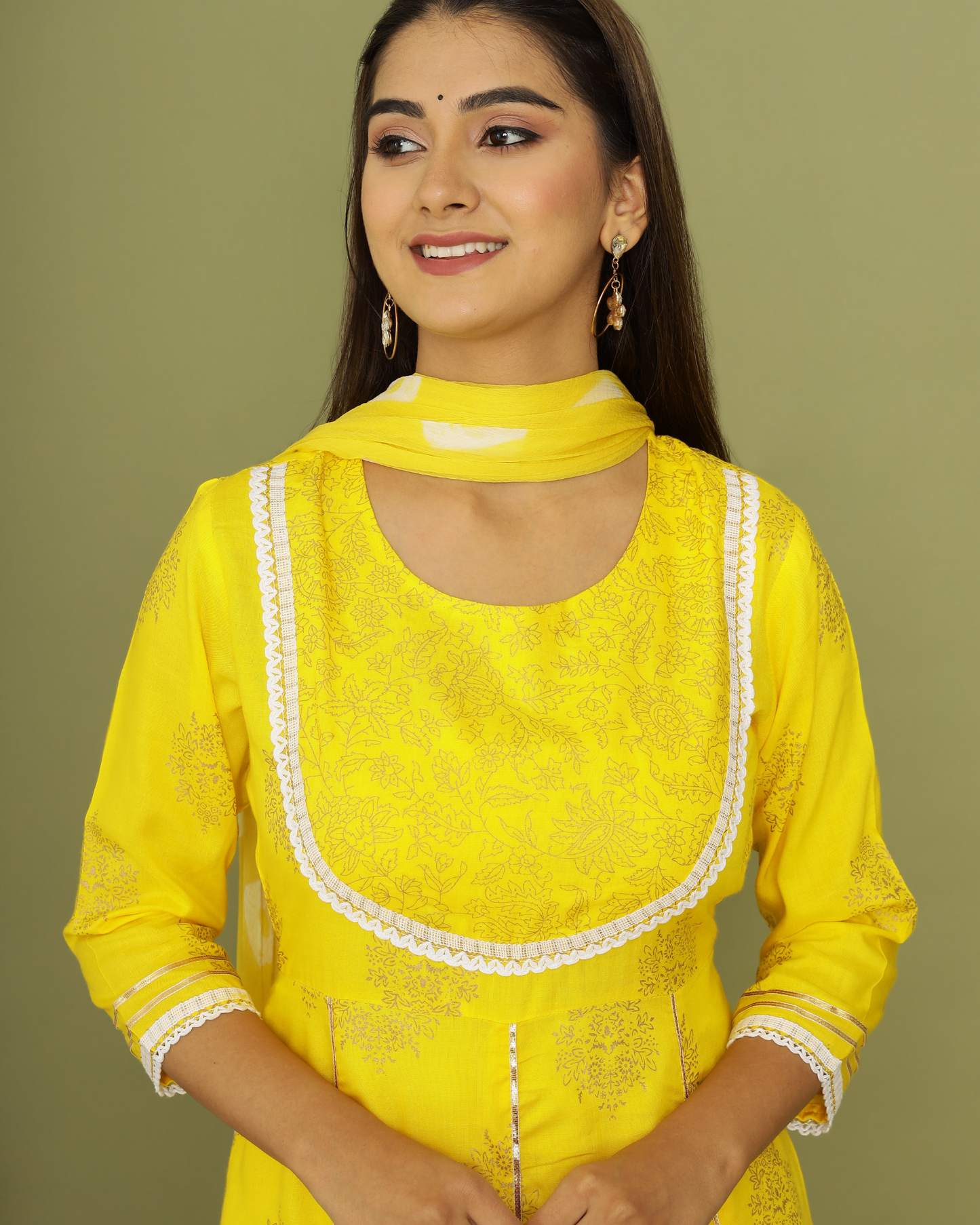 Yellow Butta Jaal Rayon Printed Anarkali Kurti Set with Dupatta