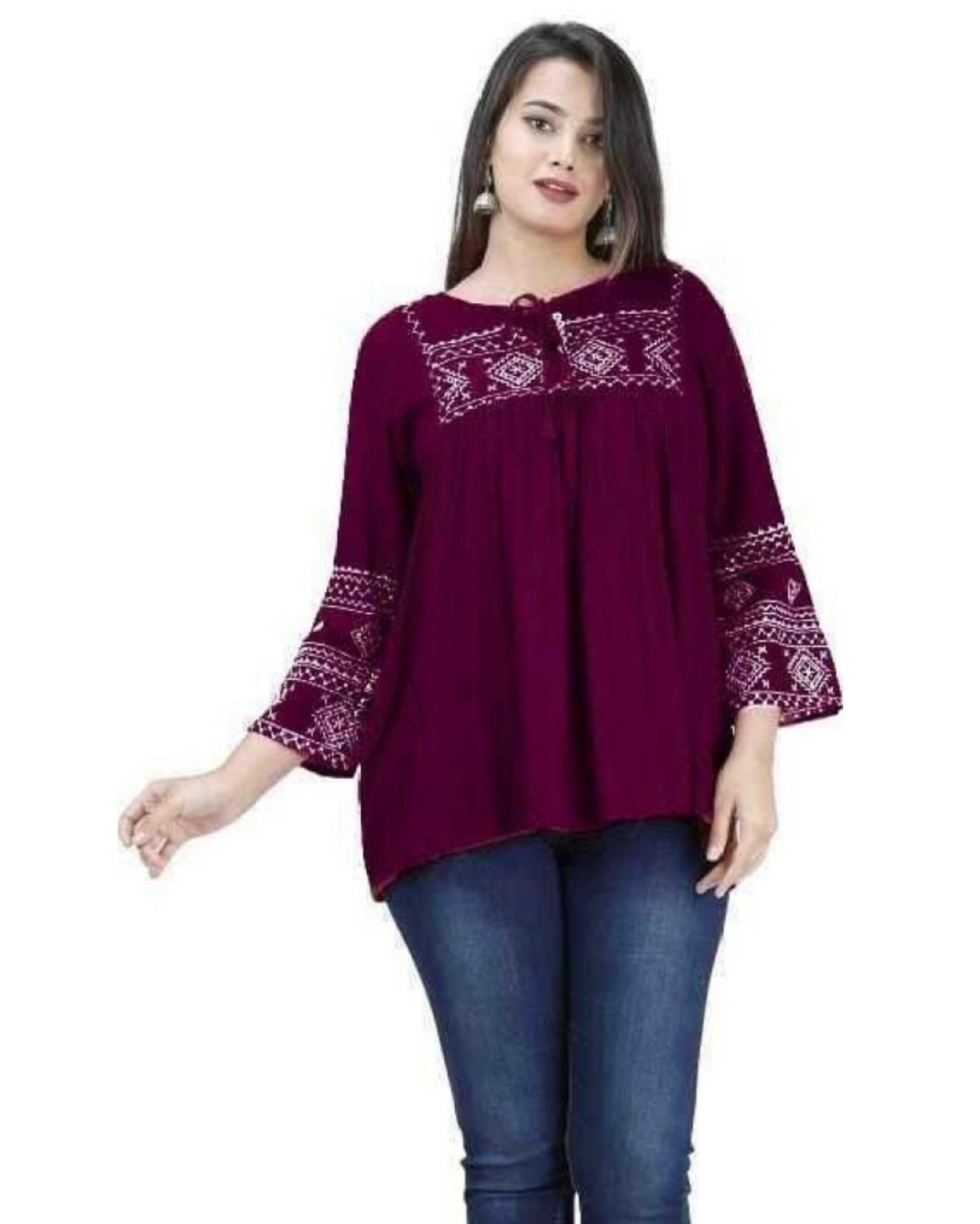 Wine Designer Embroidered Rayon Top