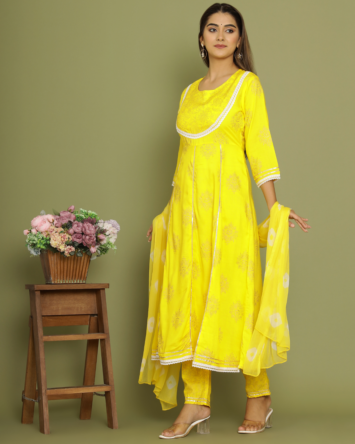 Yellow Butta Jaal Rayon Printed Anarkali Kurti Set with Dupatta