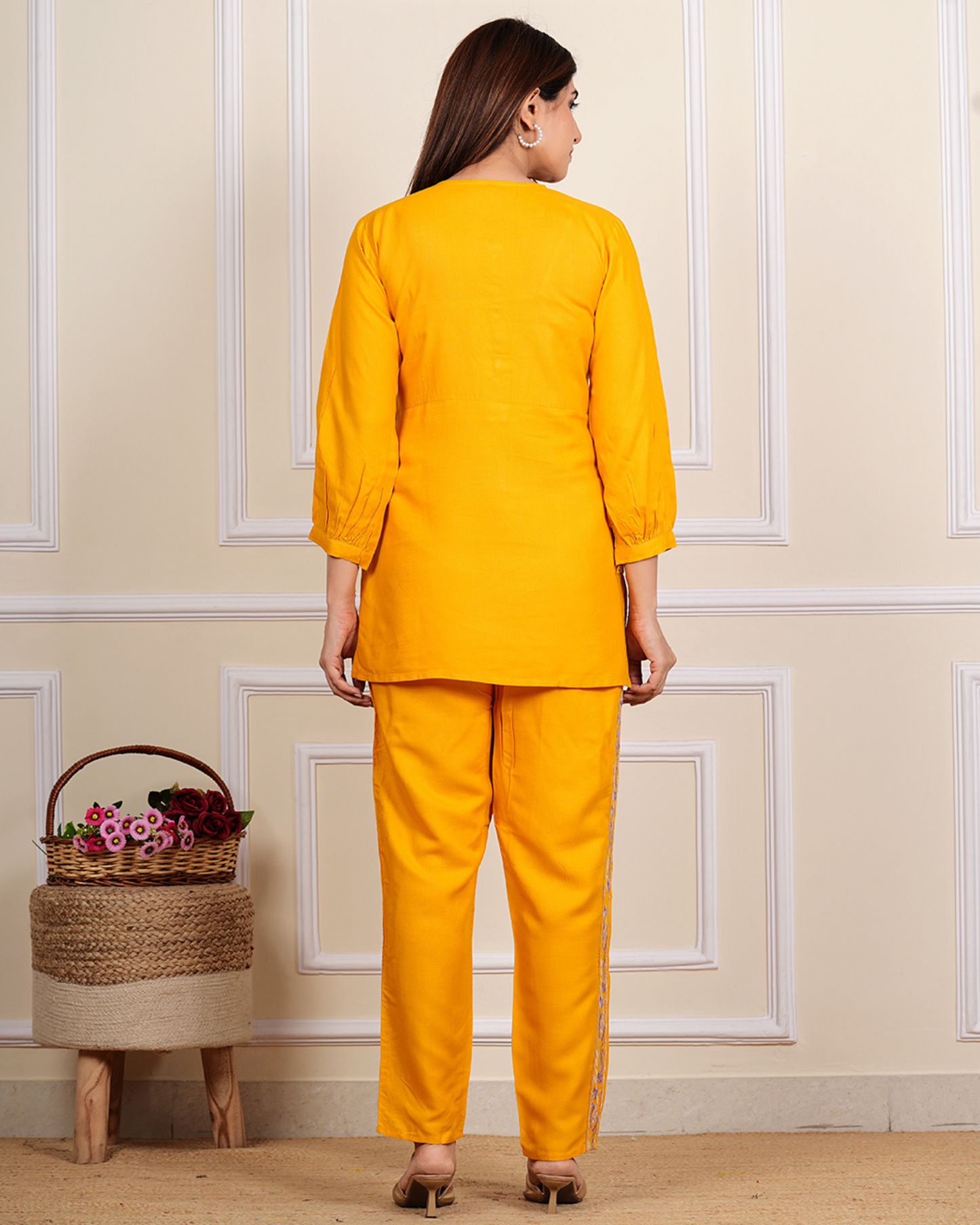 Mustard Solid Rayon Embroidered Co-Ord Set