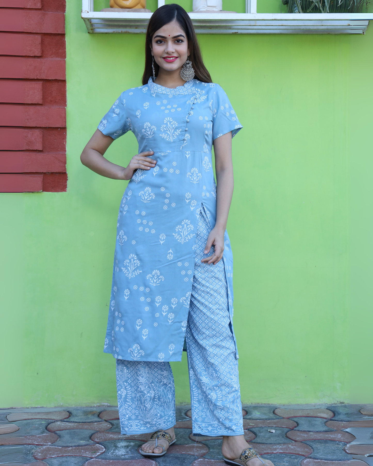Sky Blue Rayon Printed Side Slit Kurti with Plazo Trendy Look