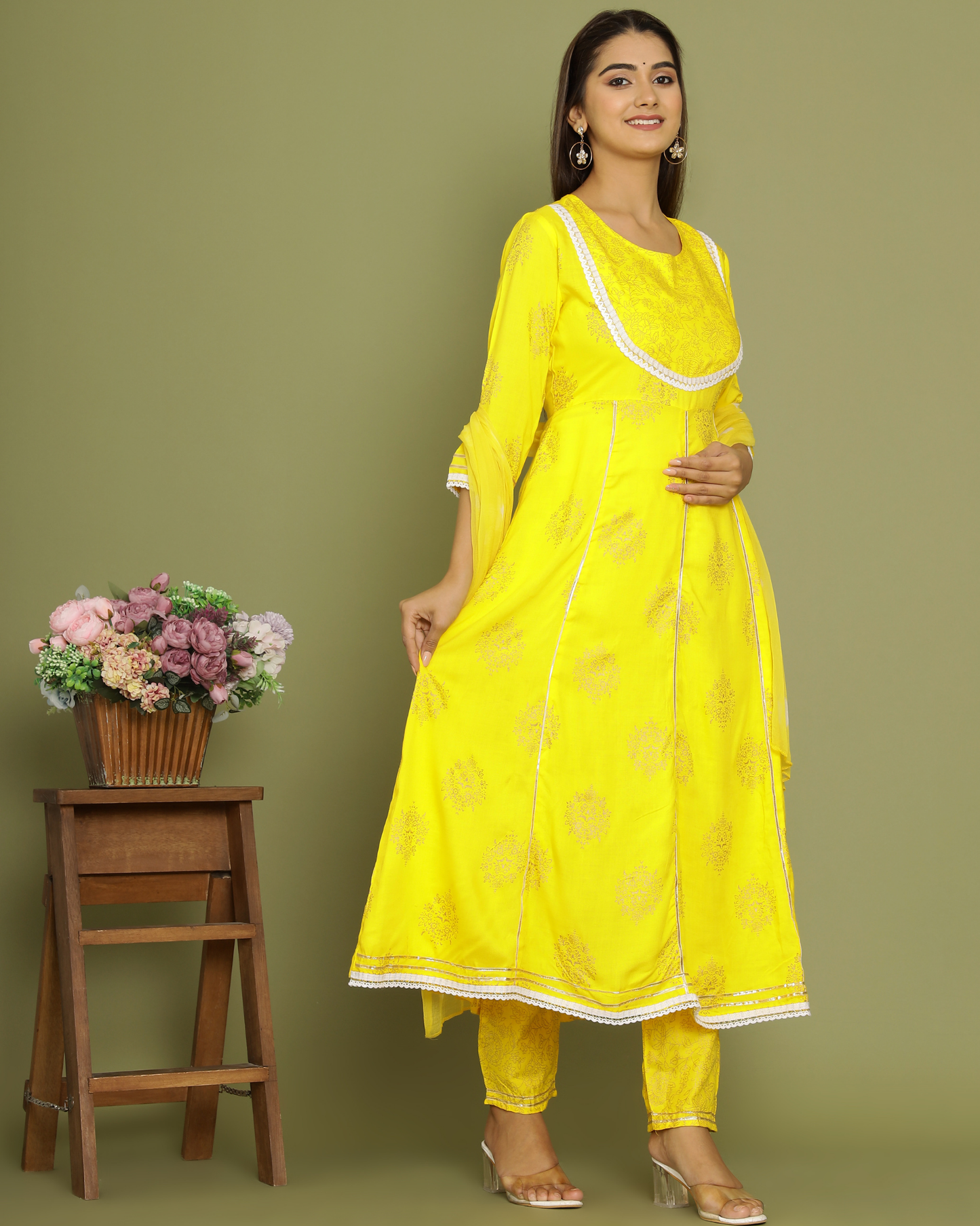 Yellow Butta Jaal Rayon Printed Anarkali Kurti Set with Dupatta