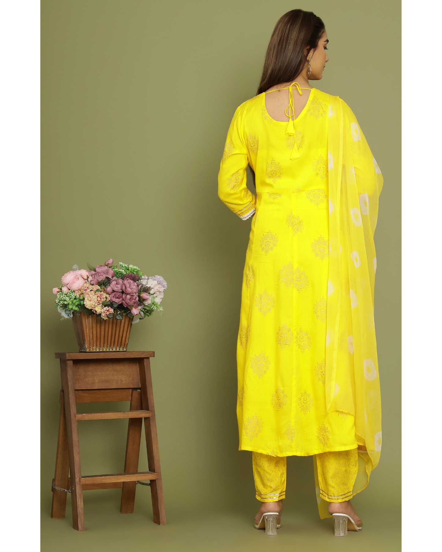 Yellow Butta Jaal Rayon Printed Anarkali Kurti Set with Dupatta
