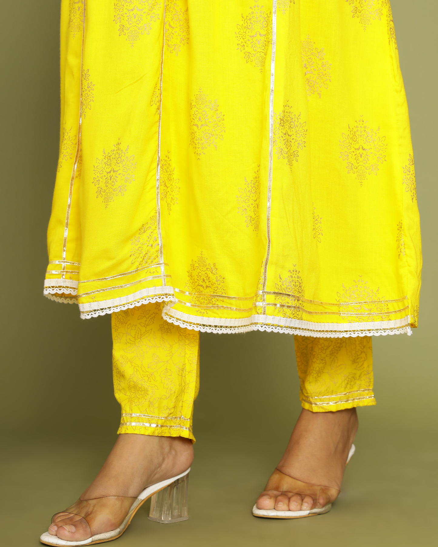Yellow Butta Jaal Rayon Printed Anarkali Kurti Set with Dupatta