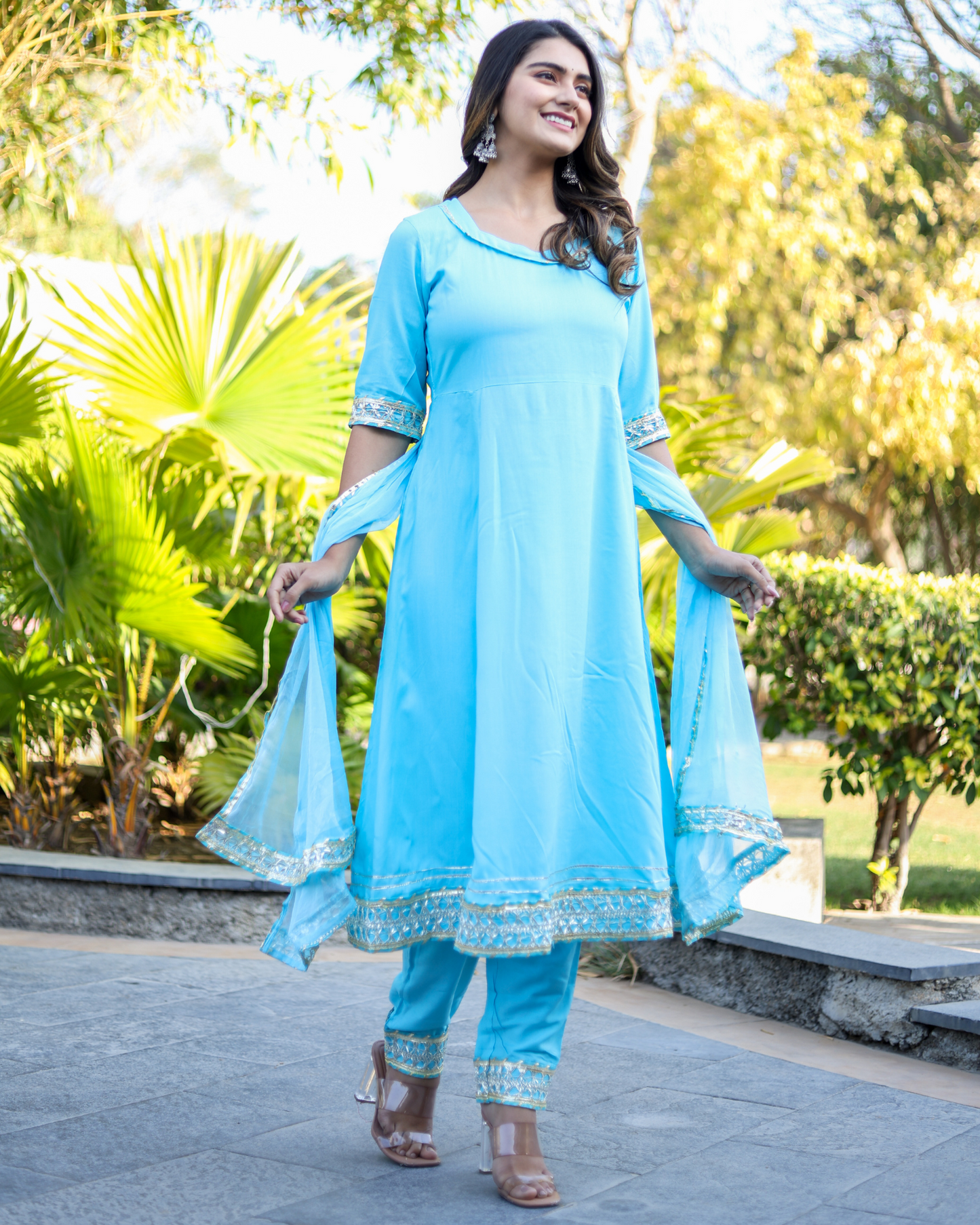 Sky Makdi Rayon Anarkali Kurti Set with Lace Work Pant & Dupatta
