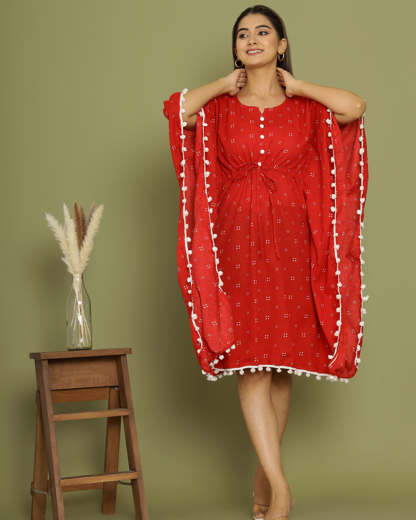 Red Cotton Printed Kaftaan with Pom-Pom Lace Detailing