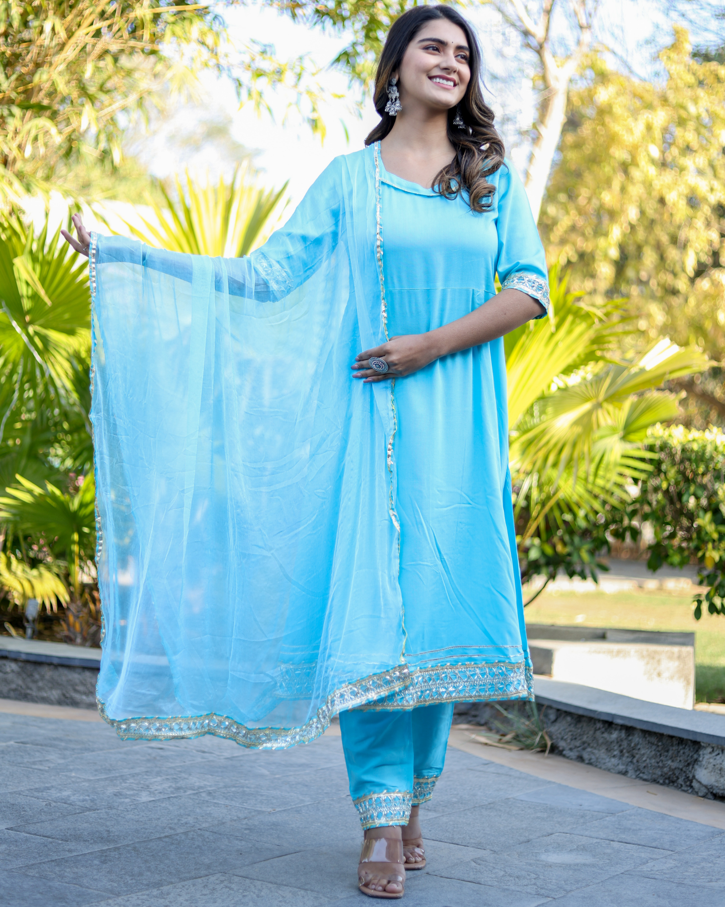 Sky Makdi Rayon Anarkali Kurti Set with Lace Work Pant & Dupatta